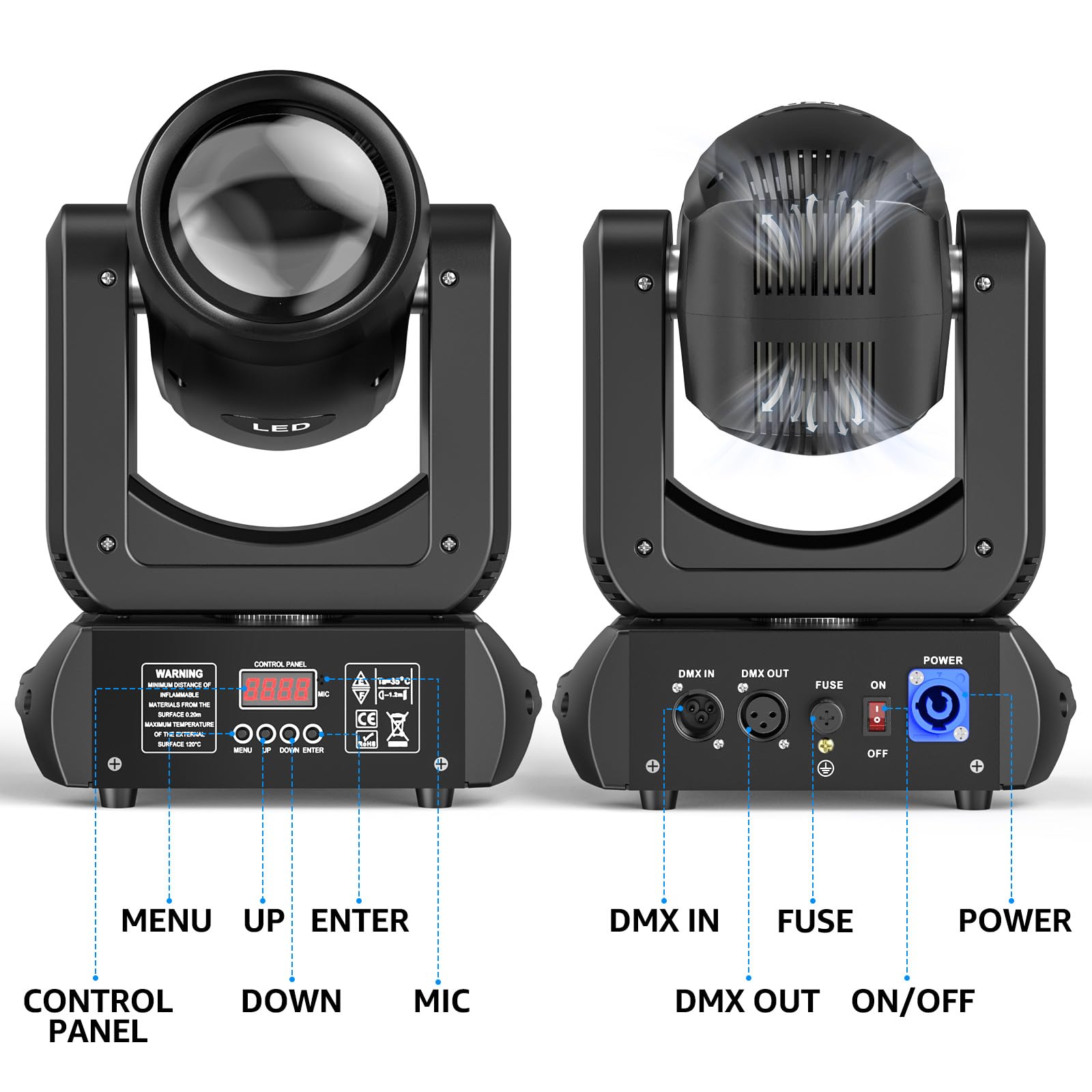2 unità 150W Teste Mobili LED Luci da palco con testa mobile gobo spot a fascio illuminazione a lavaggio prisma a 18 facce attivata dal suono rotante per feste, matrimoni, chiese, dal vivo