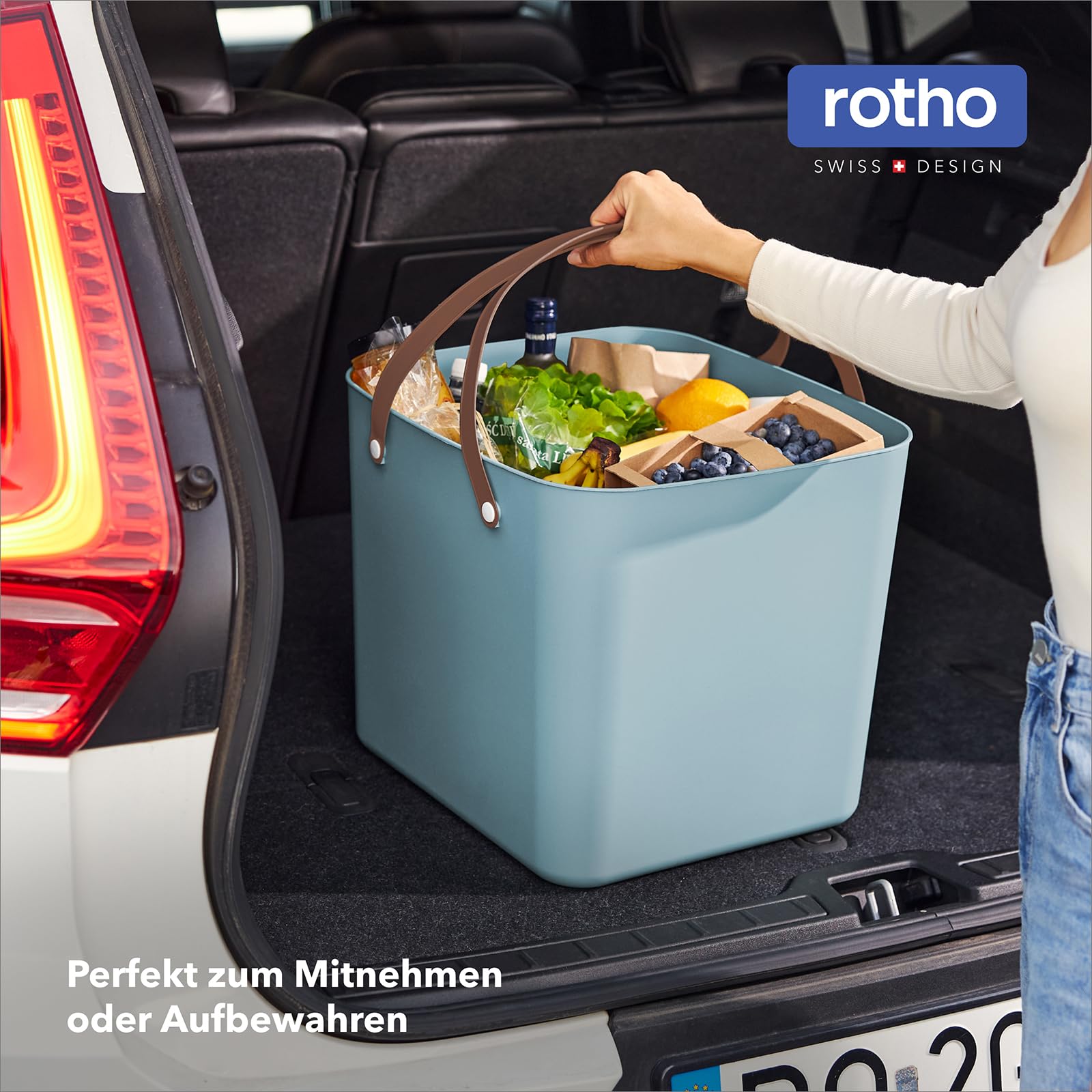 Rotho Albula Cesta de Compra Grande, 40 L / 40 kg, Plástico Reciclado, Azul Marino con Asas Estilo Cuero - Maletero, Jardín, Picnic, Almacenamiento