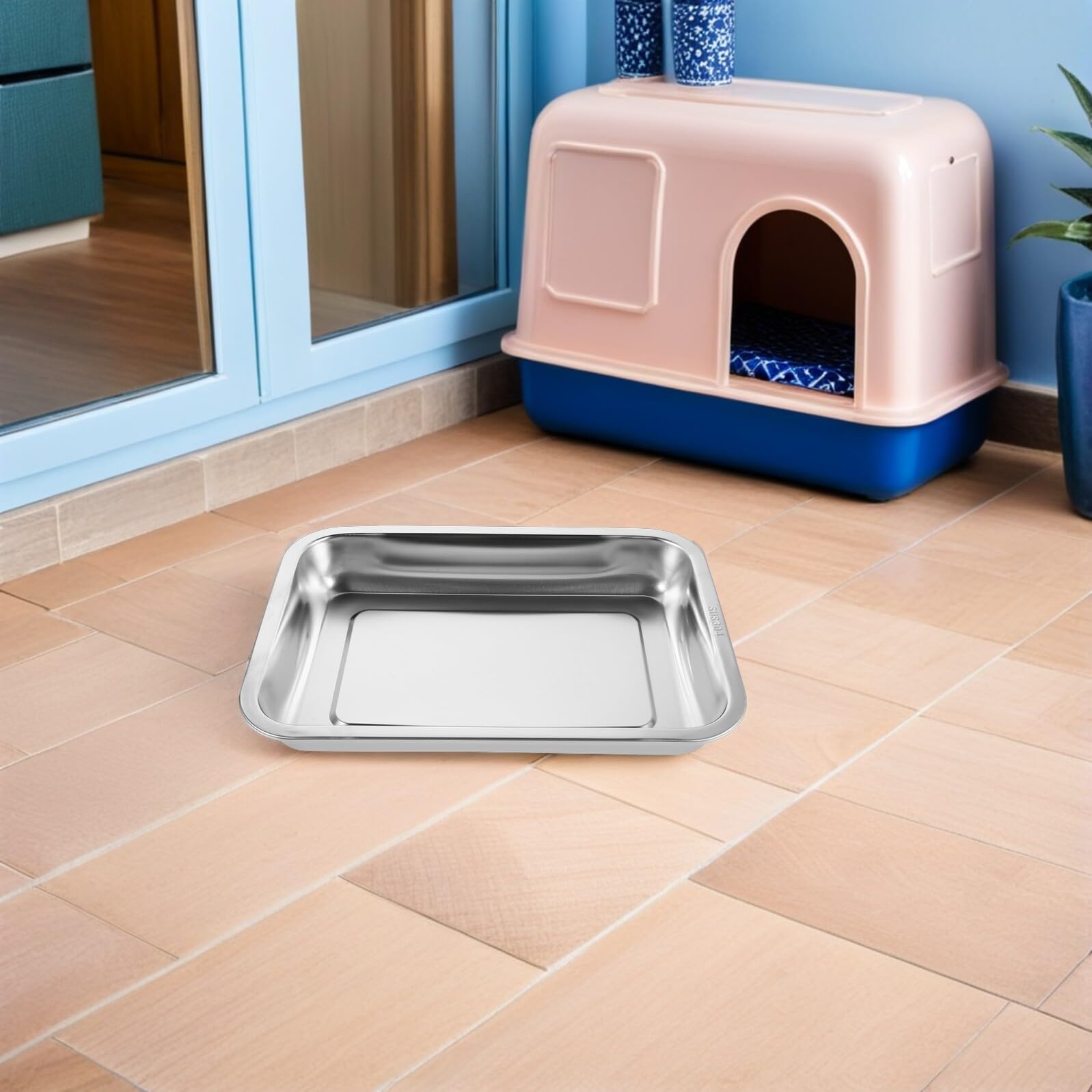 HEMOTON Lettiera per Gatti in Acciaio Inossidabile 304 Profonda 32X22X48 CM Set 2 Pezzi Bordi Alti Design Antiodore e Antiaderente Adatta per Gattini Piccoli Spazi e Viaggi