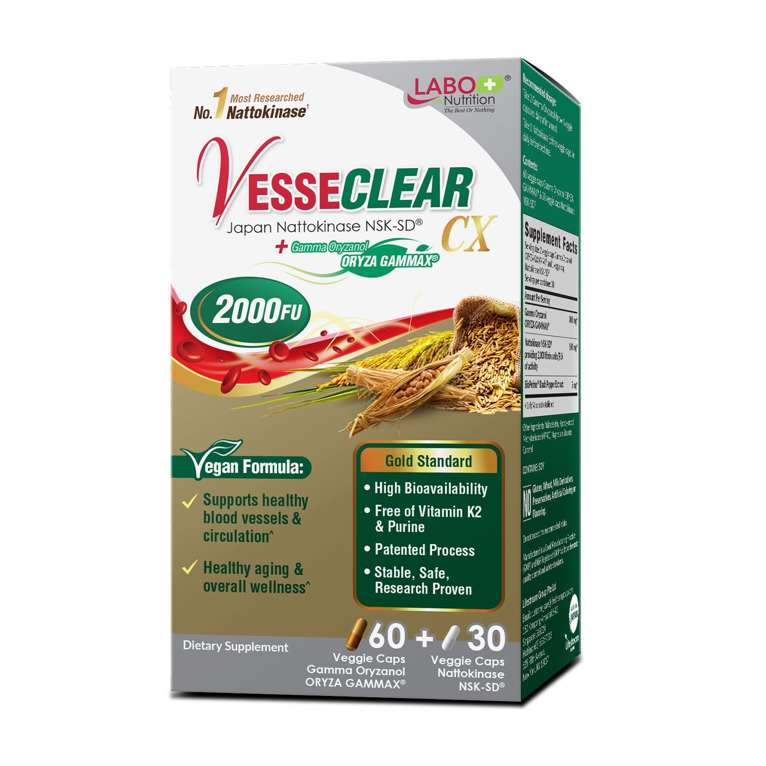 LABO Nutrition VesseCLEAR CX: Nattokinase NSK-SD + Gamma Oryzanol for Clean Blood Vessel & Healthy Ageing, Japan's Most Clinically Studied, Support Healthy Cholesterol, Heart, Vegan, Acid-Resistant