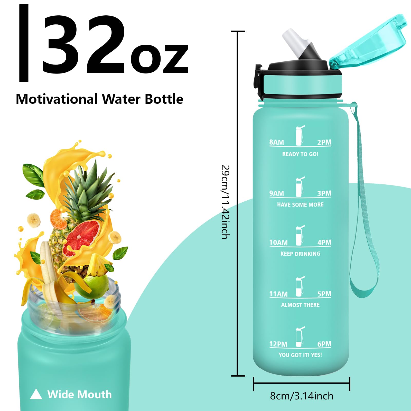 Grsta Borraccia 1 litro con Cannuccia, Borraccia Palestra a Prova di Perdite, Bottiglia Motivazionale, Borracce con Indicatore del Tempo per Ciclismo, Fitness, Campeggio