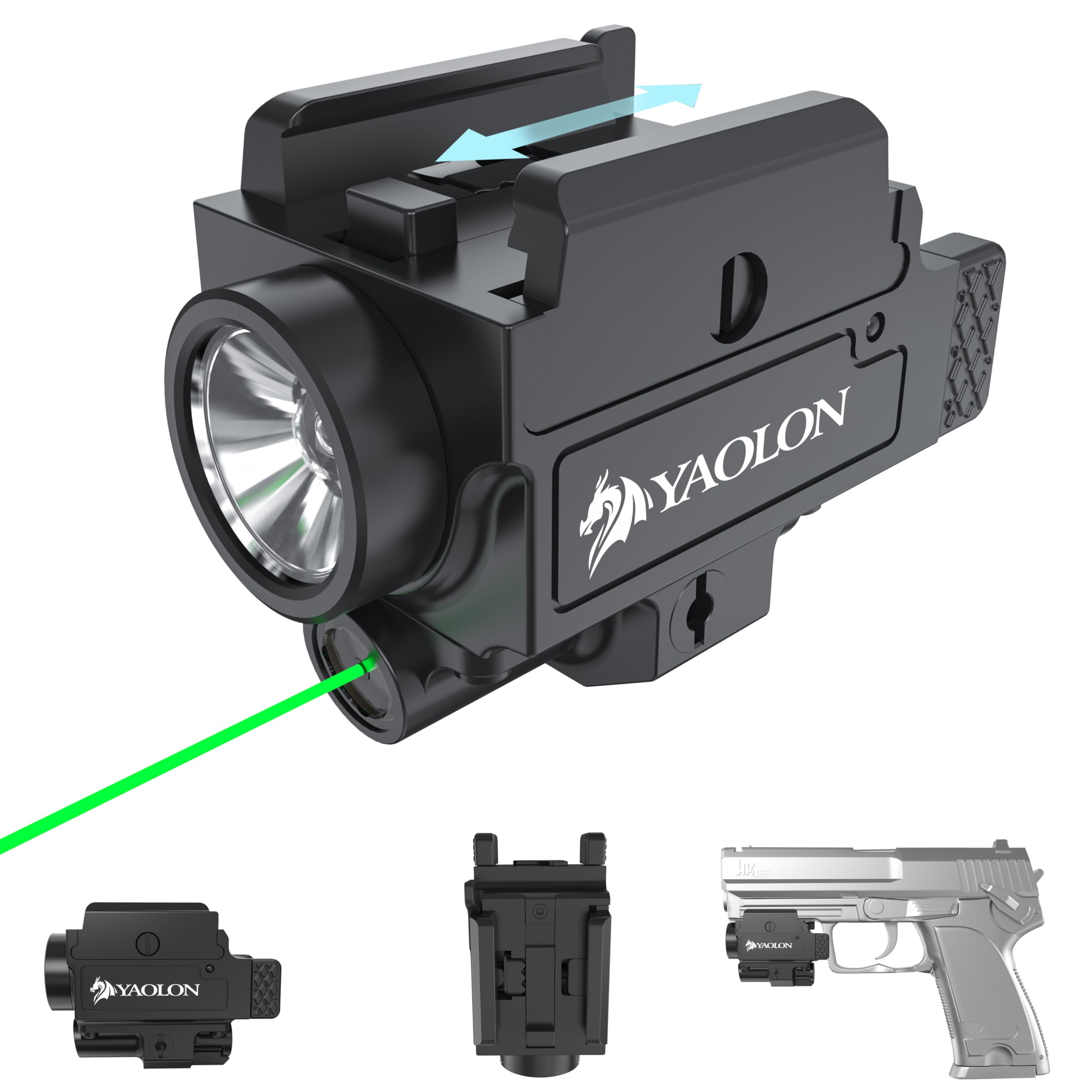 YAOLON 800 Lumens Green Laser and Gun Light Combo, Compact Rechargeable Weapon Light for Handgun, Quick Release Strobe Green Beams with a Rail, Built-in Batter (Black)