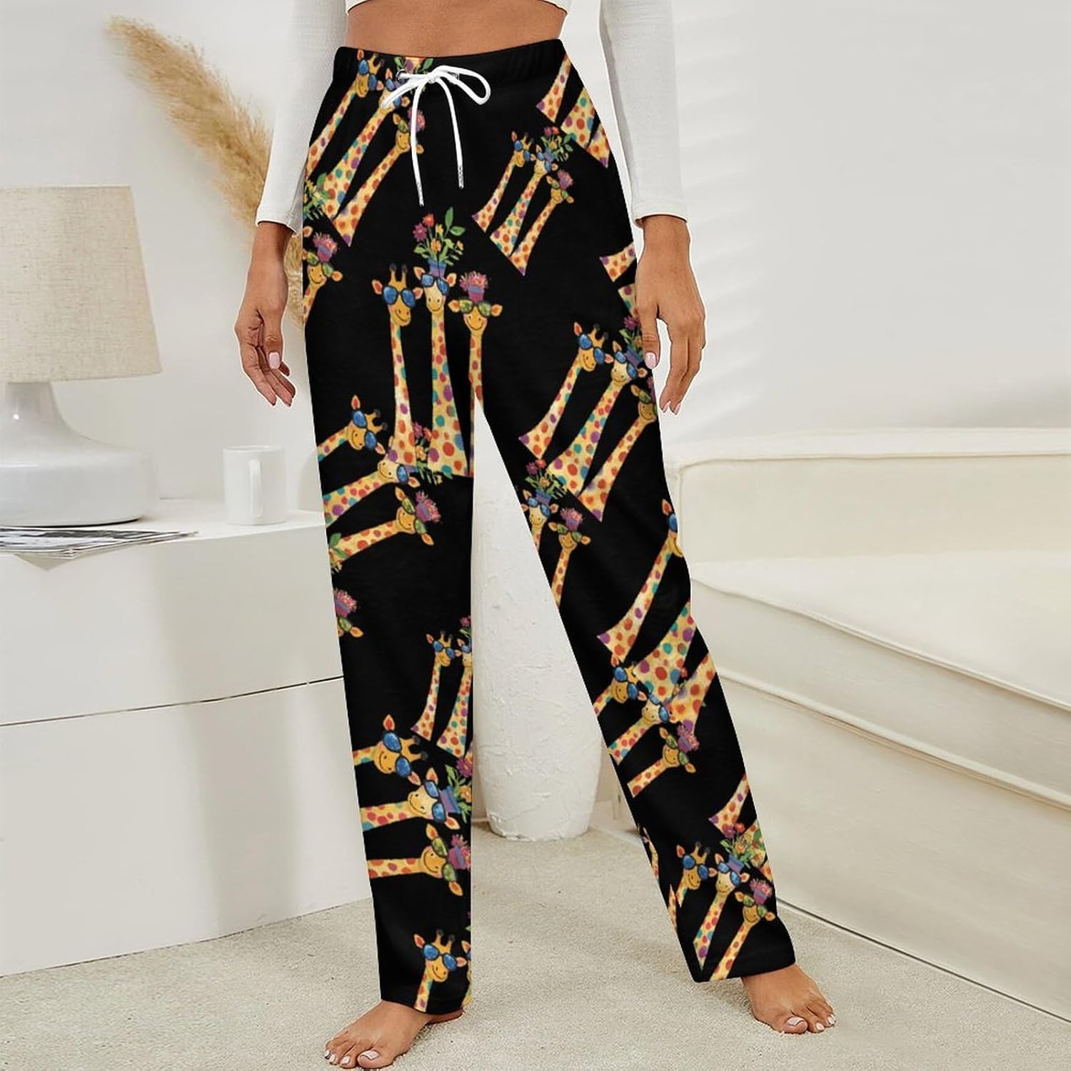 Giraffe Family Women's Pajama Bottoms Flannel Sleepwear Pants Elastic Waist Loose Lounge Trousers