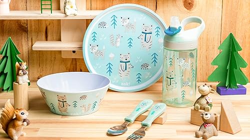 Miniatura 9 de zak! Forest Friends - Juego de vajilla de 5 piezas, plástico duradero y acero inoxidable, incluye botella de agua, plato de 8 pulgadas, cuenco de 6