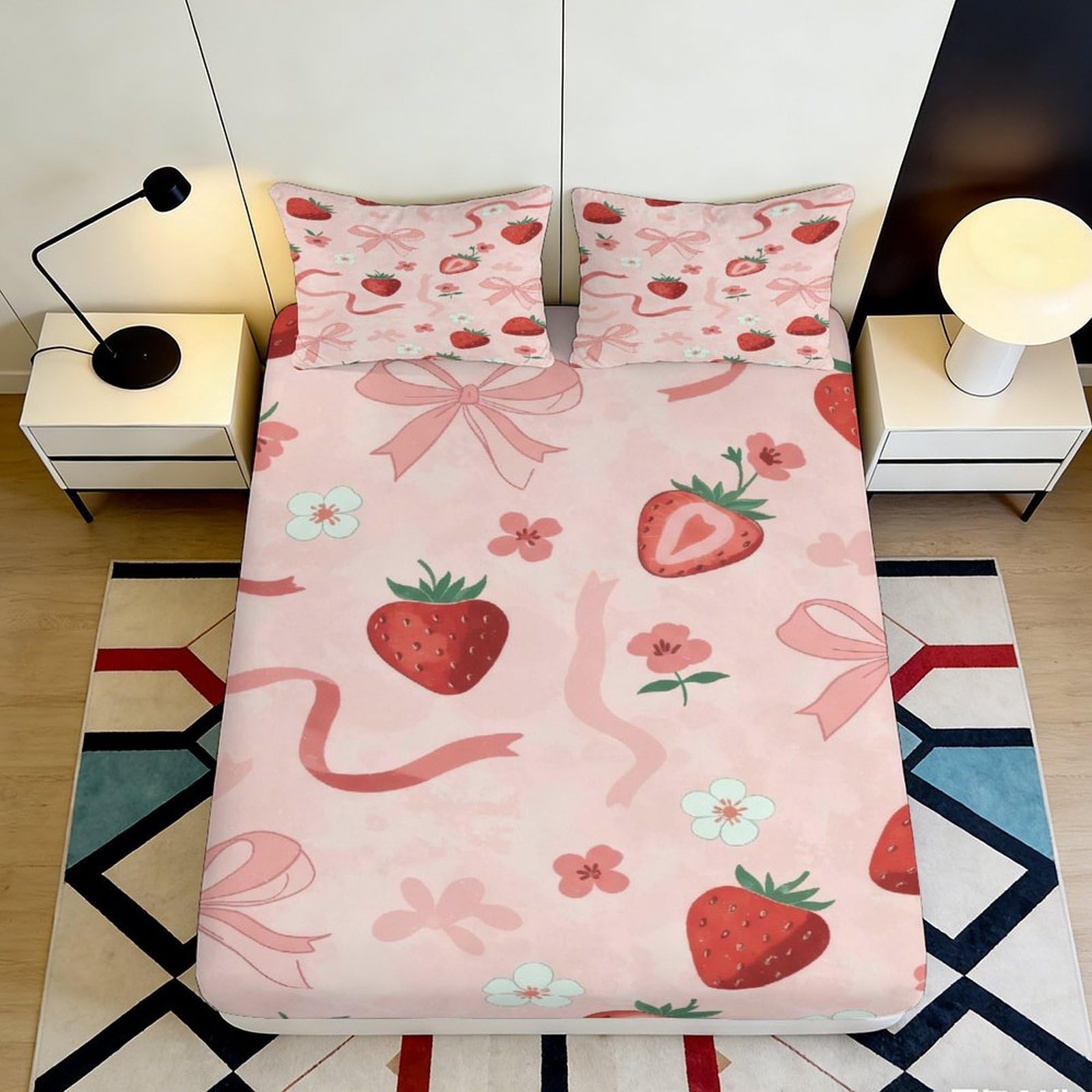 3D Printed Strawberry Floral Fitted Sheet Microfiber Soft Breathable Ribbon Bed Sheet for Bedroom Dormitory Guest Room Mattress Protection Decor 140x200x25cm
