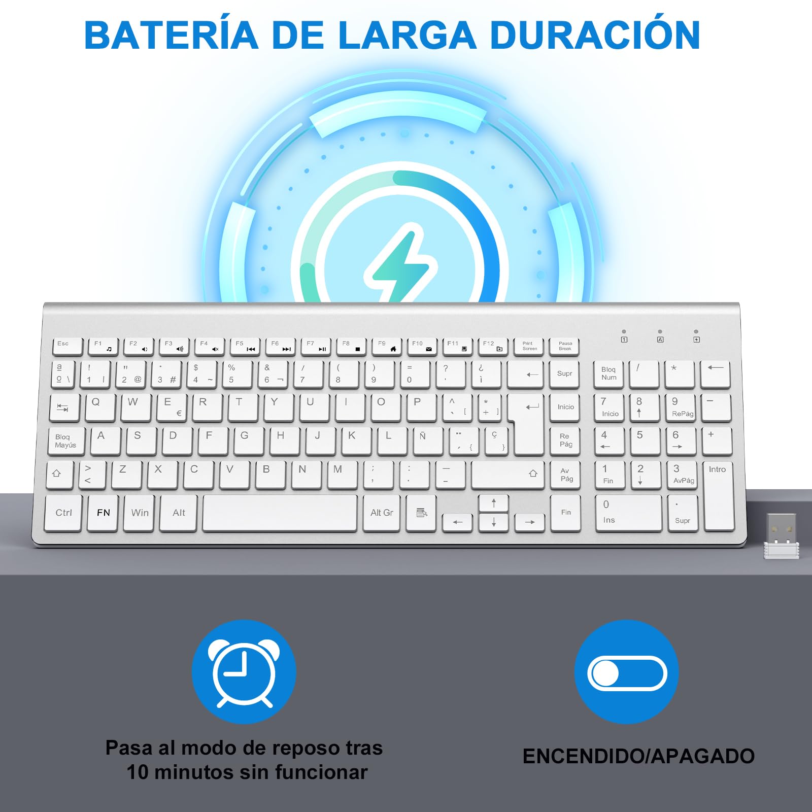 cimetech Teclado inalámbrico, 2.4G QWERTY español Layout, USB Teclado de Ordenador con Teclado numérico y Teclas ergonómicas para Desktop/PC/Laptop/Surface/Smart TV/Notebook y Windows - Plata