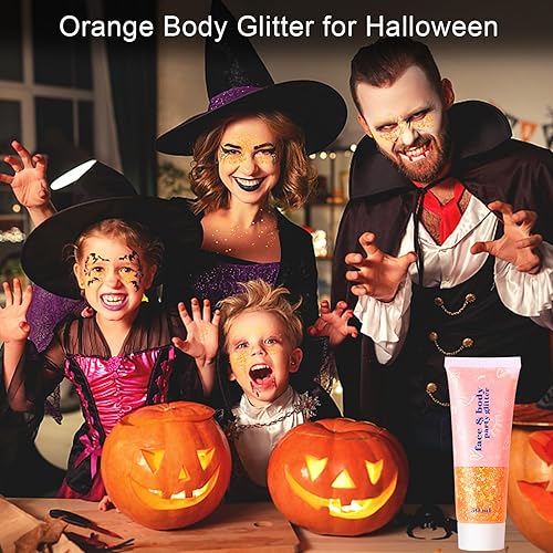 Miniatura 4 de MEICOLY Purpurina corporal naranja, gel brillante con purpurina para la cara, maquillaje con purpurina para Halloween, concierto, festivales de