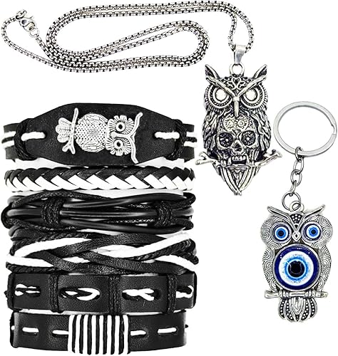 Juego de 8 pulseras de cuero punk para hombres y mujeres, 6 puños trenzados de poliuretano, collar y llavero, ajustable, apilable