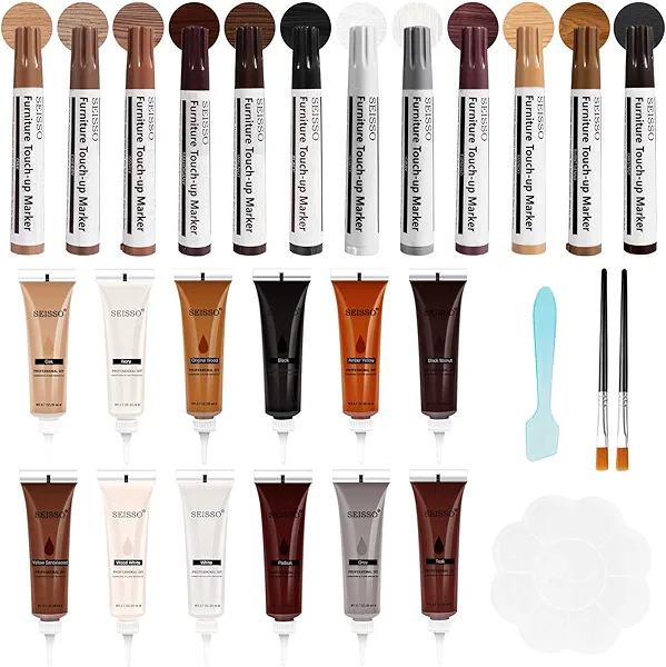 SEISSO Furniture Repair Kit, Wood Markers for Scratches, 12 Colors Furniture Touch-up Markers and Wood Fillers, New Upgrade Wood Repair Kit - Restore Wooden Table, Cabinet, Floors, Door