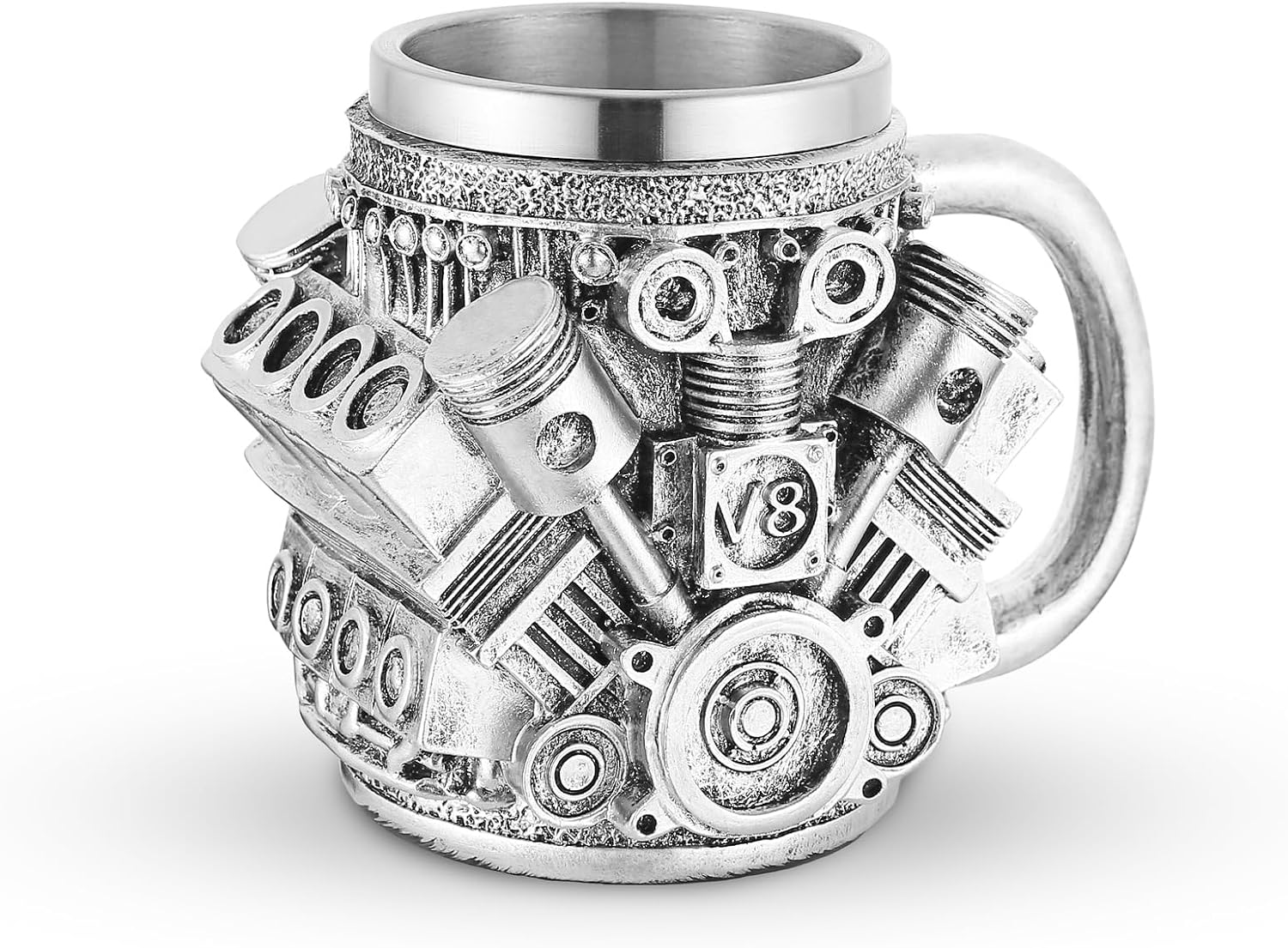 Silver V8 Engine Coffee Mug Mechanical Style Car Enthusiasts Gift 10.5oz