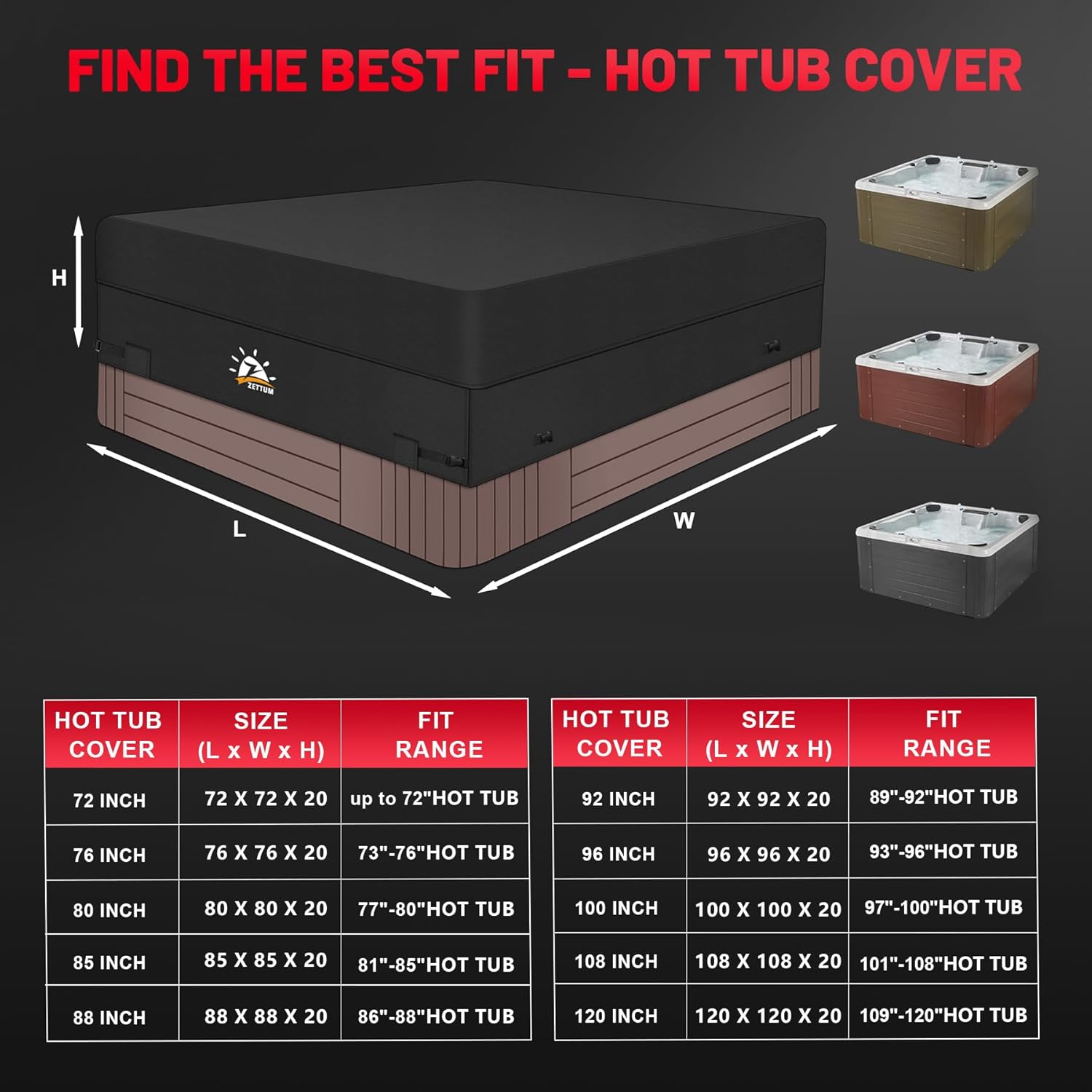 Zettum Hot Tub Cover - 600D Spa Cover Protector Waterproof & Heavy Duty, Outdoor Square Hot Tub Cover Cap Protection (120 x 120 Inch)