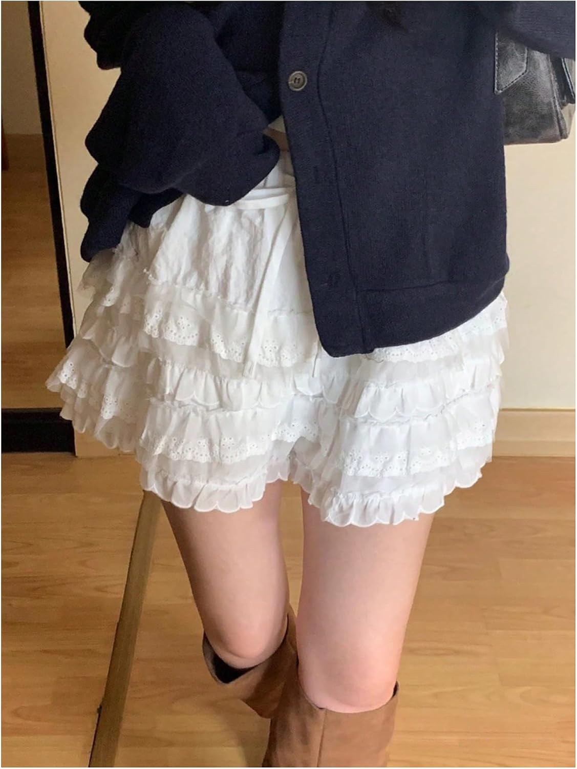 MakeMeChic Women's Lace Trim Shorts Layered Ruffle Trim Bloomers Shorts Cute Lolita Pumpkin Pants Pettipants Streetwear