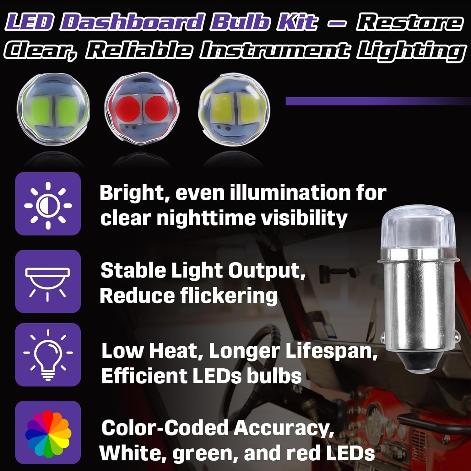 8-Pack Speedometer Cluster LED Bulb Replacement Kit for Jeep CJ5 CJ7 CJ8 Scrambler, BA9S Miniature Bayonet Base, 4 White / 2 Green / 2 Red Instrument Cluster LEDs, Enhances Dashboard Clarity