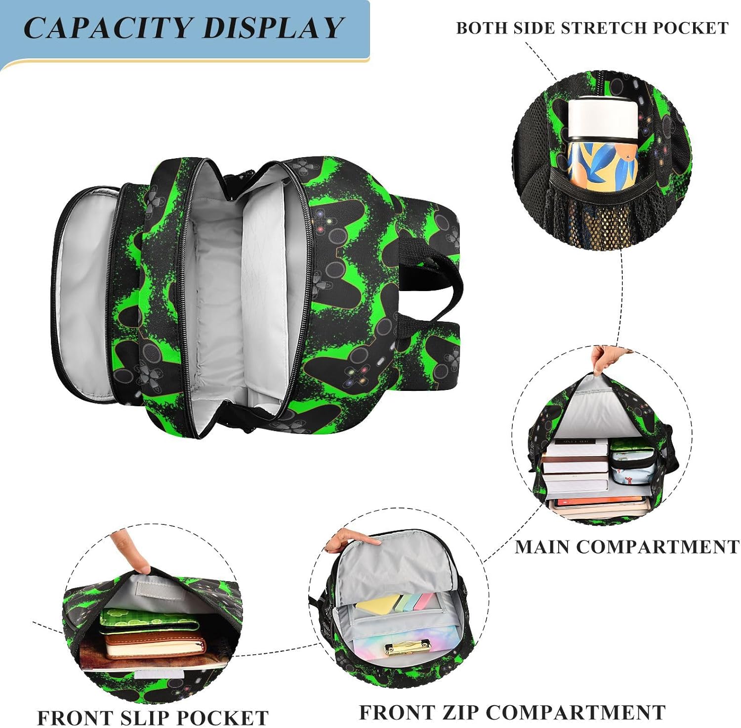 Black Green Video Game Backpack Girls Boys Elementary School Bags Bookbags Laptop Backpack Travel Daypack Safe Reflective Stripes