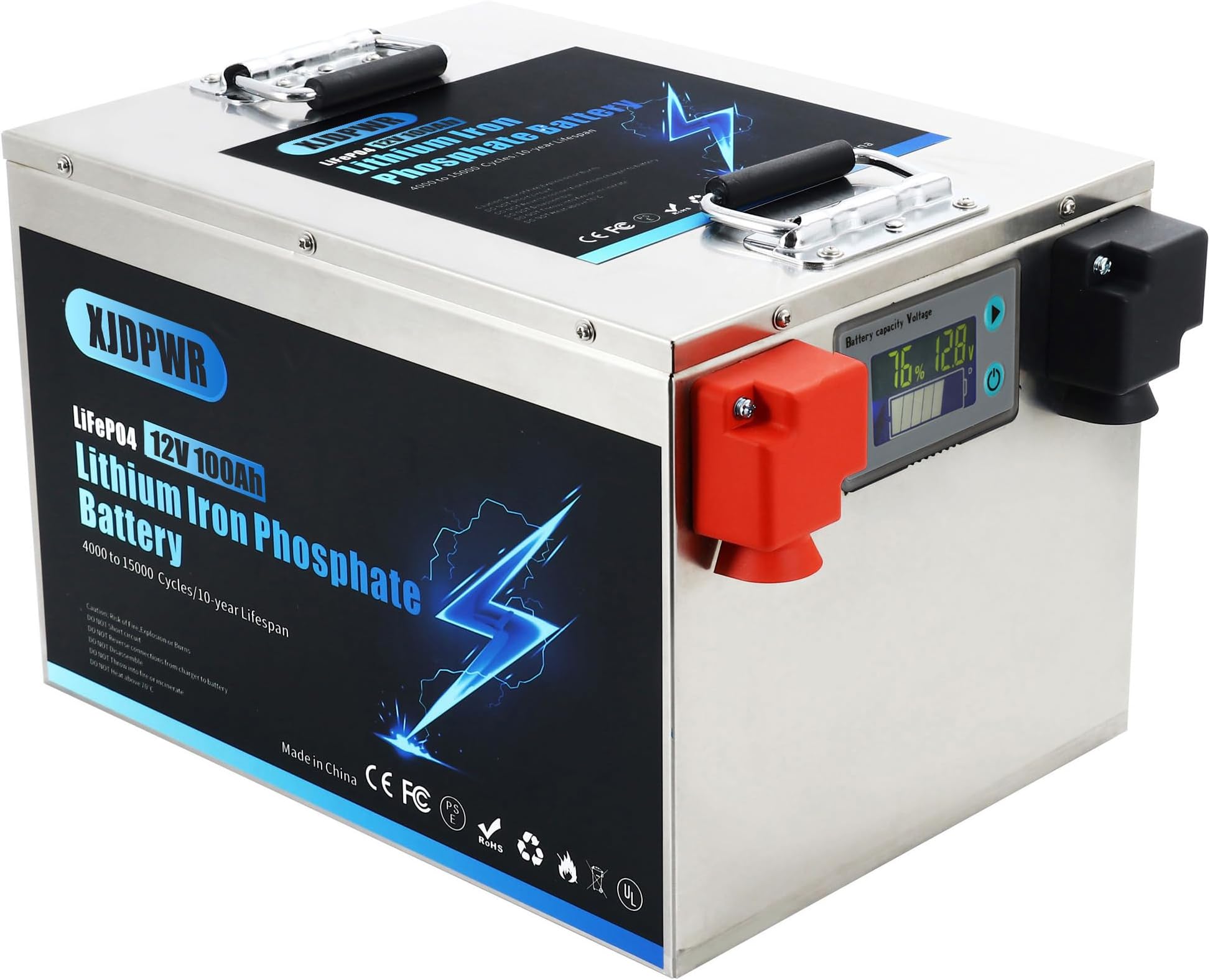12V 100AH LiFePO4 Lithium Battery with stainless steel casing Built-in 100A BMS,Fast Charging,Rechargeable 4000-15000 Deep Cycles & 10-Year Lifetime, Perfect for RV, Solar, Trolling Motor