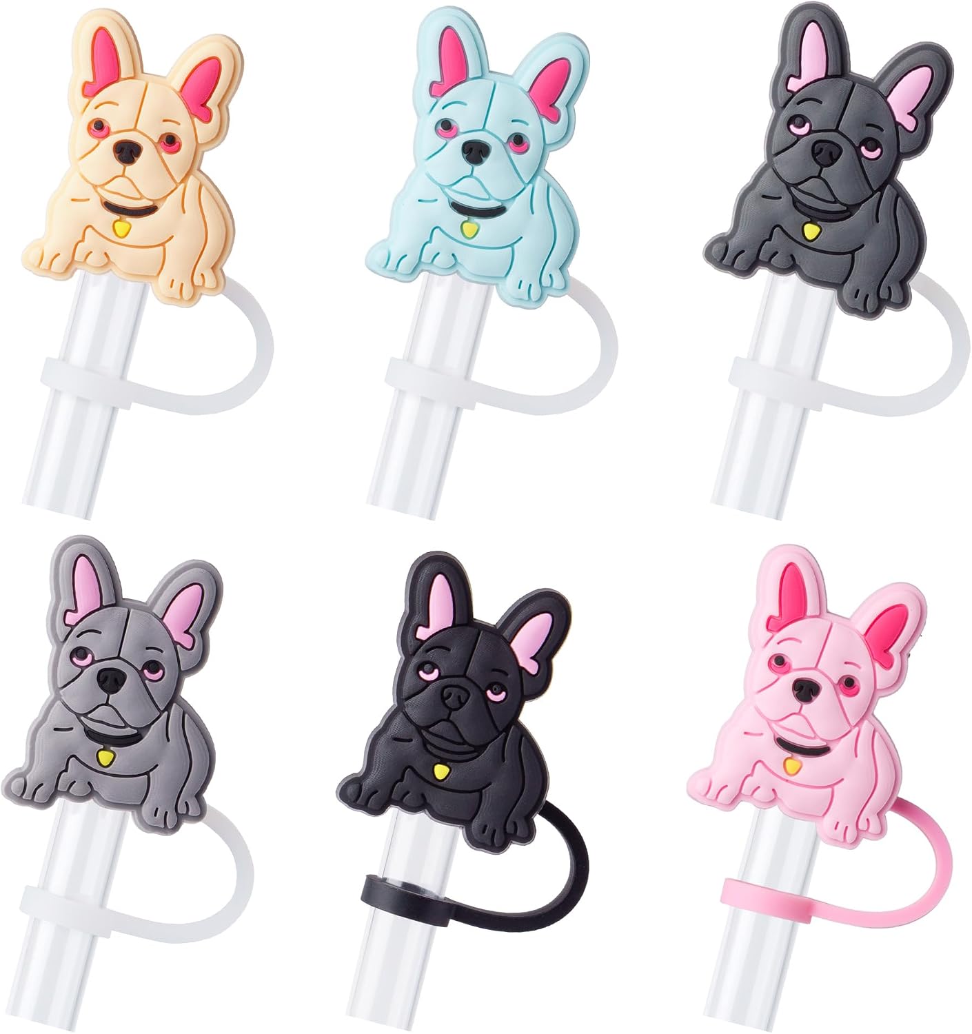 6Pcs French Bulldog Straw Cover Cap for Stanley Cup 40oz/30oz Tumbler, 10mm Reusable Cute Drinking Straw Topper Accessories, Portable Protector Plugs Decorations Gifts