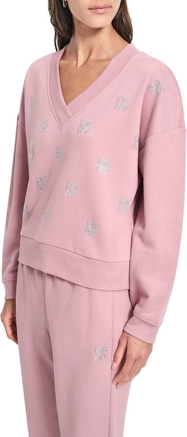 DKNY womens All Over Rhinestone V-neck Logo Fleece Sweatshirt - Image 3