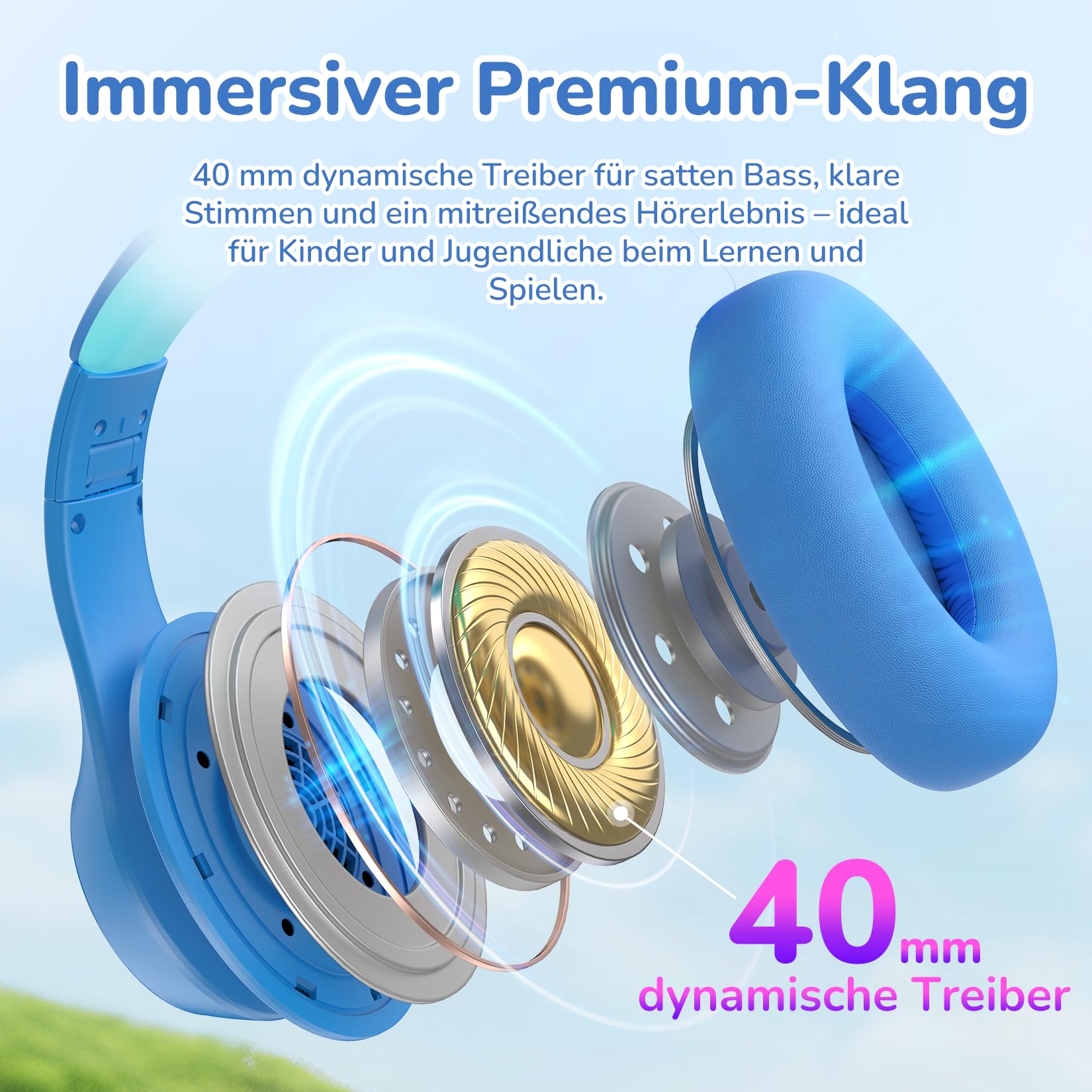 EarFun Bluetooth Kinder Kopfhörer, Noise Cancelling Kopfhörer Kinder, 74/85/94 dBA Sichere Lautstärke, 120H Akku, HD MIC, Bluetooth 5.4, Weich, Faltbar, Over Ear Kopfhörer für Schule/Reisen/Flugzeug