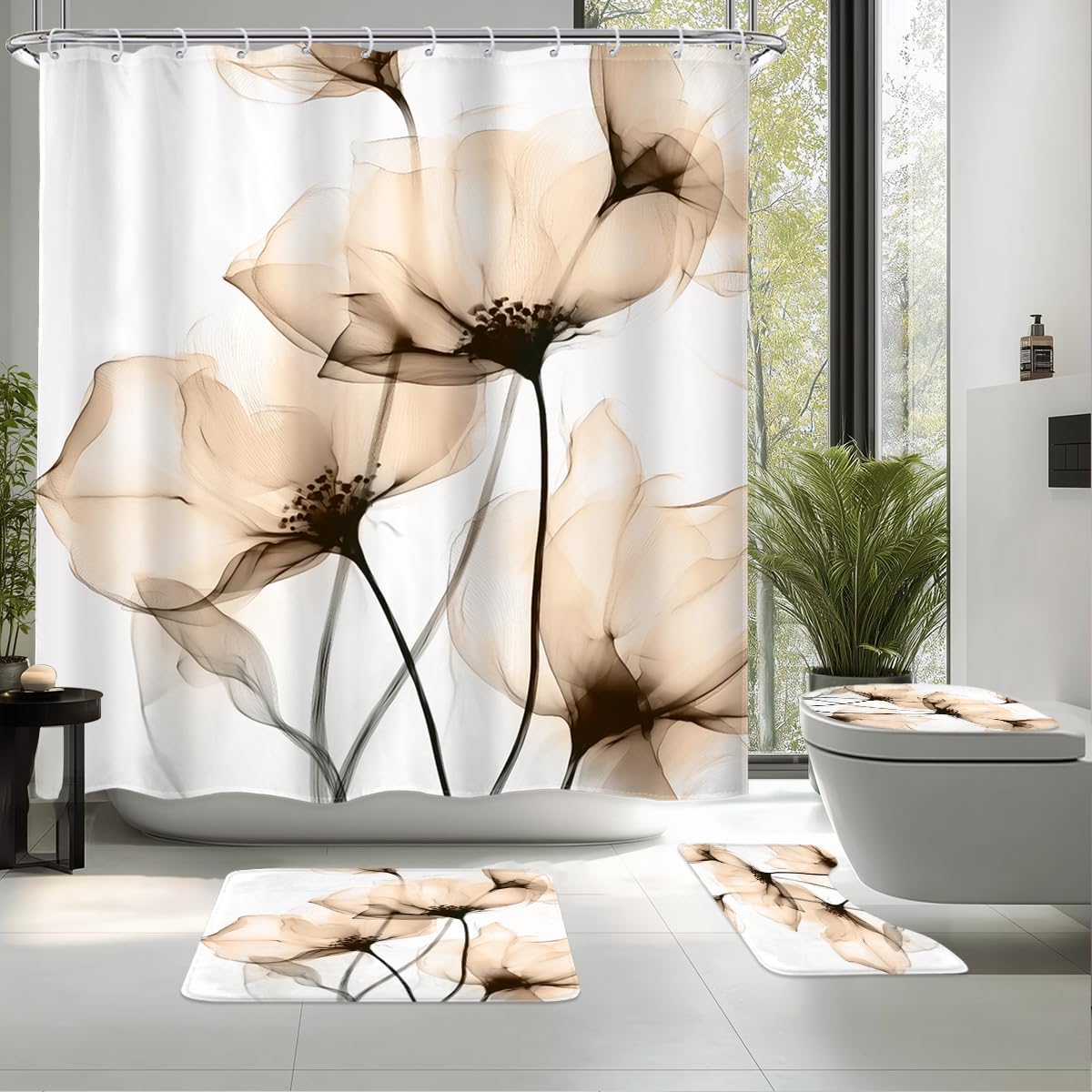 Riyidecor 4PCs Yellow Grey Floral Shower Curtain Bathroom Set with Non-Slip Rugs, Toilet Lid Cover and Bath Mat Ink Painting Flower Waterproof 12 Pack Hooks 72x72 inch Shower Watercolor Curtain Decor