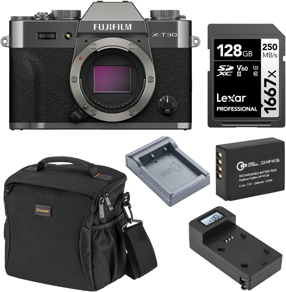 X-T30 III Mirrorless Camera, Black Bundle with Extra Battery, Compact Smart Charger Base,1667x 128GB UHS-II SDXC Memory Card, Multi-Device Shoulder Bag, Fujifilm 1 Year Limited Warranty