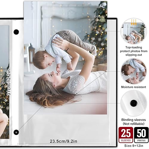 Miniatura 4 de Lanpn Álbum de fotos de 9 x 12 pulgadas, tapa dura de lino, sin ácidos, deslizante, en las mangas de álbumes de fotos, capacidad para 50 imágenes de