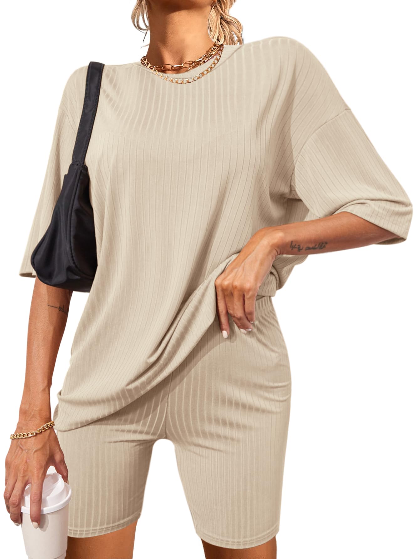 Ekouaer Pajamas 2 Piece Lounge Sets Ribbed Knit Matching Outfits T-shirt Biker Shorts Sleepwear Loungewear Sweatsuits