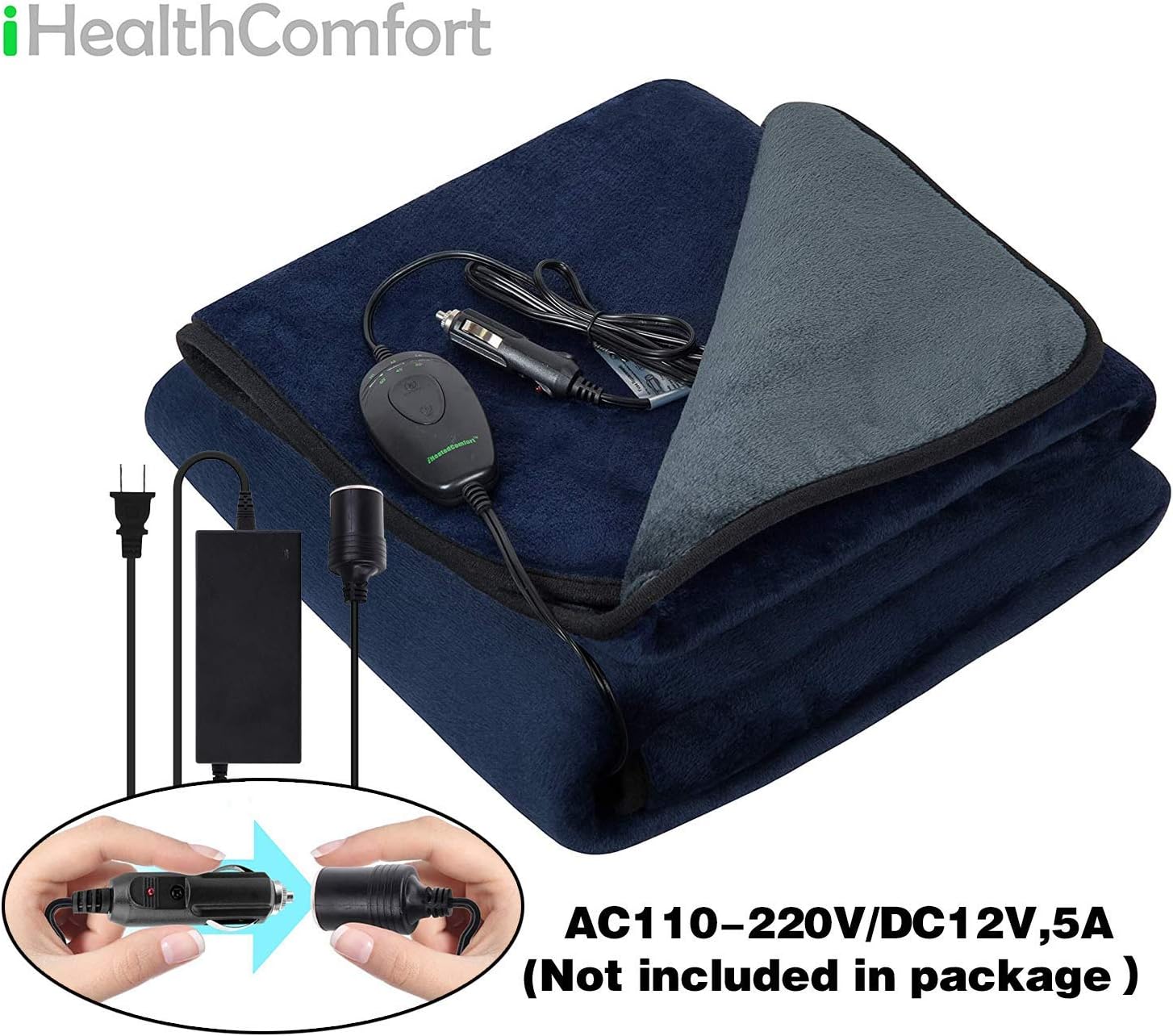 IHEALTHCOMFORT 12Volt Washable Electric Heated Travel Blanket with Intelligent Hi/M/Lo Temp 30/45/60 mins Auto-Off Timer Multi-Functional Controller(55.1"x39.4")(Navy Blue and Grey) : Automotive