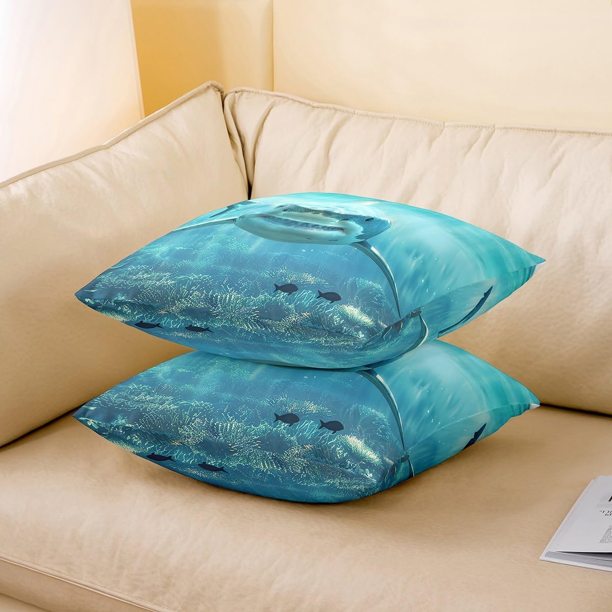 Feelyou Shark Pillow Cover 24x24 Ocean Sea Animal Decorative Throw Pillow Cover Case Home Decor Sea Underwater World Marine Theme Blue Cushion Case for Couch Sofa Outdoor