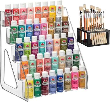 Heightened Clear Paint Organizer with Paint Brush Holder 5-Tier Acrylic Craft Storage Stand for Bottles Paint Storage Rack Miniature Paint Holder Display Craft Paint Organizer Rack