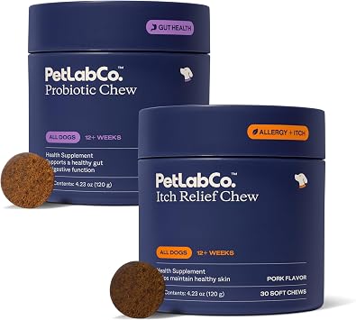 PetLab Co. Dog Itchy Skin Bundle Soft Chew Dog Probiotics for Gut Health, Itchy Skin, Seasonal Allergies 30 Count & Itch Relief Chews for Dry, Itchy Skin & Coats