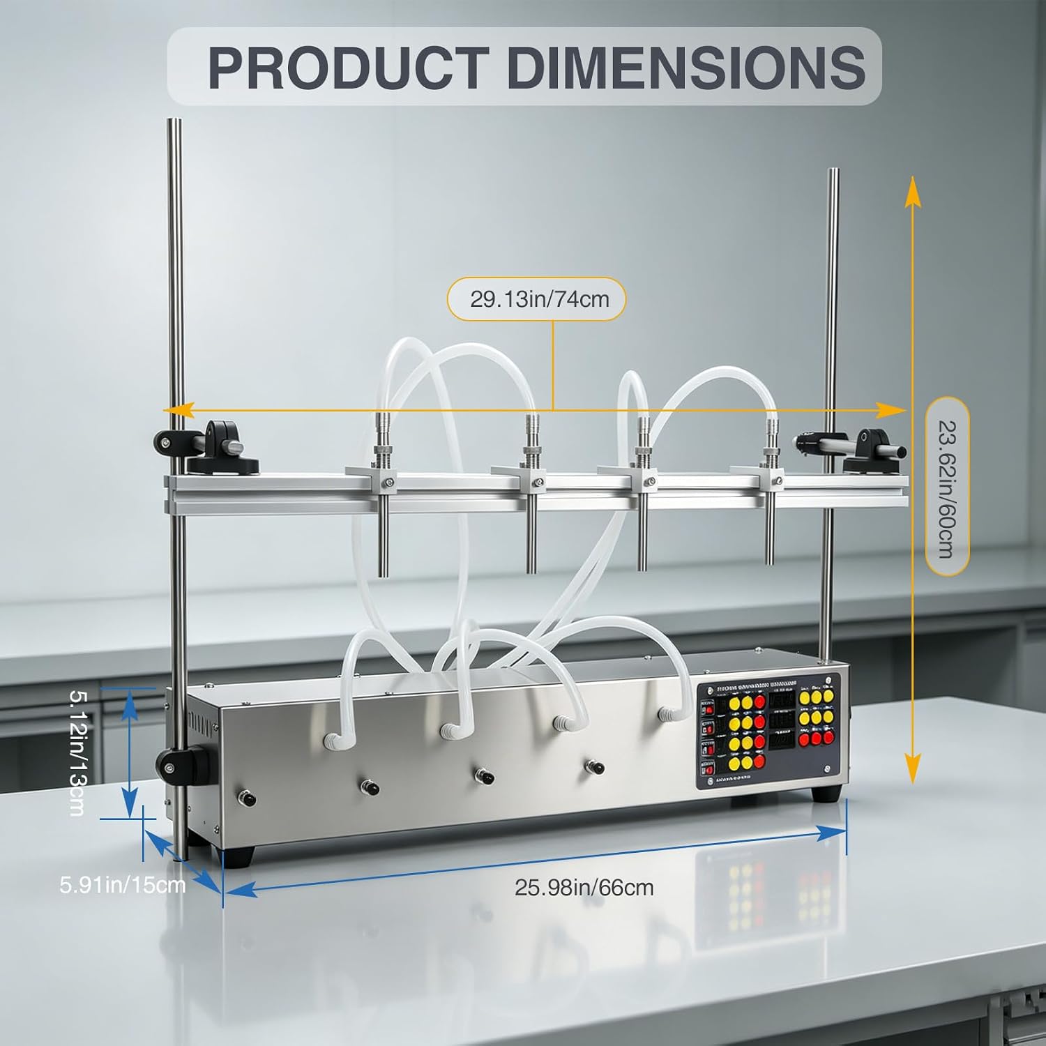 4 head liquid filling machine, digital control dispenser, high precision, 0.33-101 oz flow rate, PLC-controlled touchscreen, featuring automatic positioning and no-bottle-no-fill function