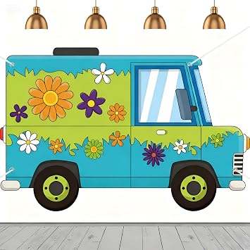 Panelee Car Hippie Photo Prop Backdrop, 6 x 4 ft Funny Bus Photo Prop, Cartoon Party Supplies for Car Background Poster Decor