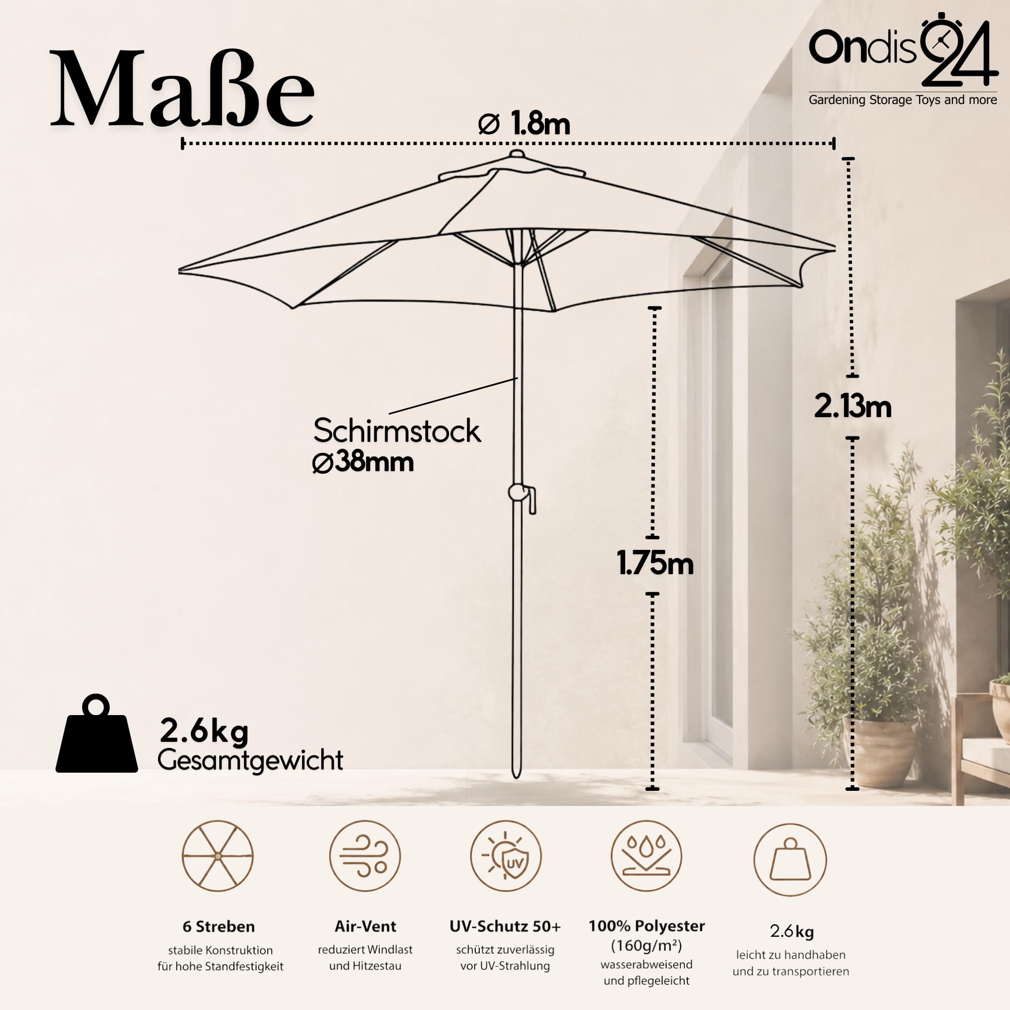 Ondis24 Strandschirm 1,8 Meter Sonnenschutz Sonnenschirm 180 cm rund mit Kurbel, Knick-Gelenk, UV 50, 38mm Standrohr (beige)