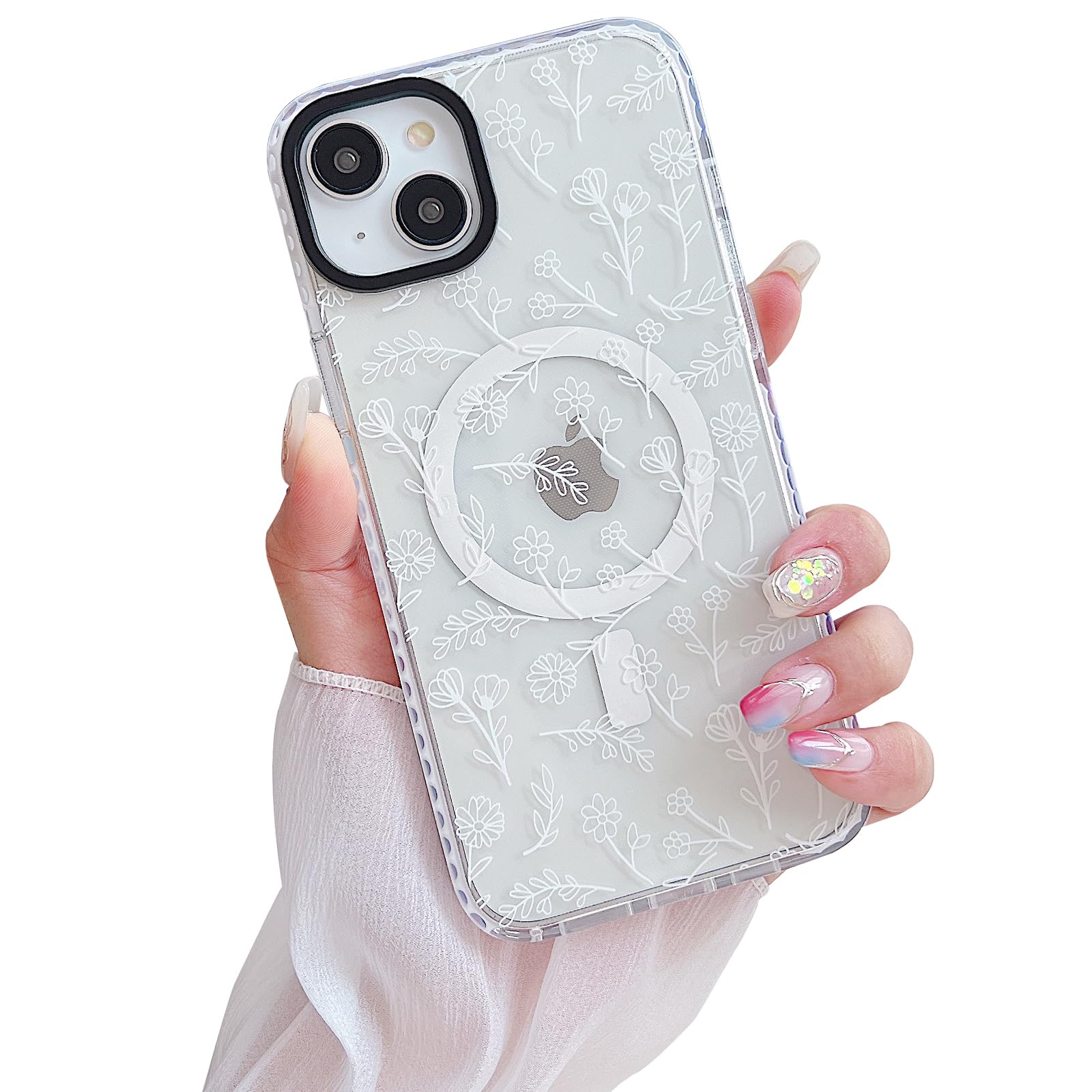 YUMUPIFE Designed for iPhone 15 Case [Compatible with MagSafe] Clear Floral Case Cute White Flowers for Women Girls Soft Silicone Shockproof Anti-Slip Case for iPhone 15 Case-Clear