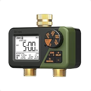 Brass Hose Timer 2 Outlets for Outdoor Watering, Diivoo IP66 Waterproof Programmable Sprinkler Timer with Large Digital Display, Rain Delay & Manual Watering for Garden Lawn Yard Automatic Irrigation