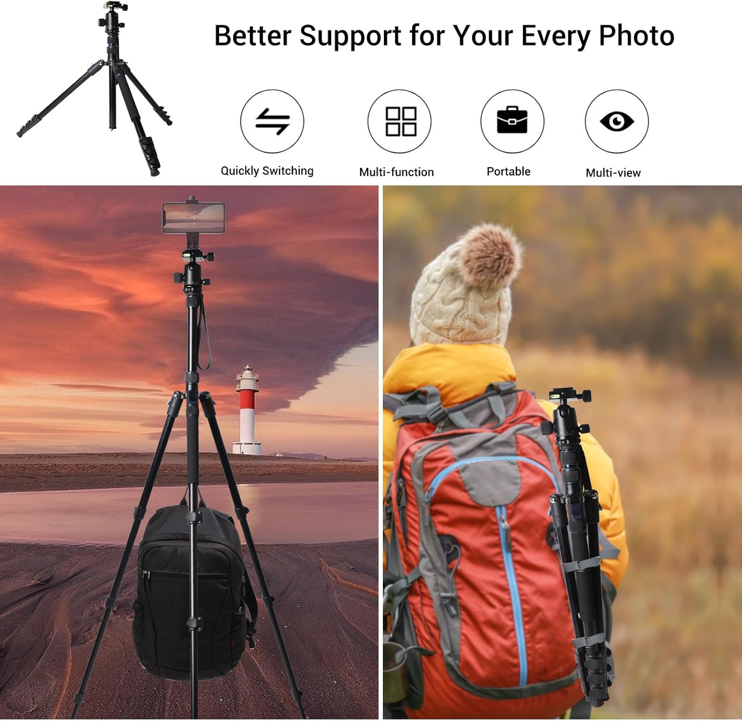 71" Camera Lightweight Foldable Aluminum Tripod & Monopod with 360 Ball Head Payload 33lbs, Adjustable Height Professional Travel Tripod for DSLR Camera Shooting Smartphone