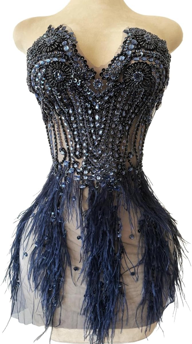 Zbroh Beautiful Ostrich fur decoration large full bodice applique pure handsewing rhinestones beads lace trim patches