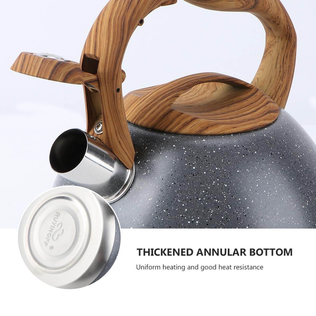 Bollitore per Tè 2.8l in Acciaio Inox Manico Effetto Legno | Fondo Piatto, Design Fischio e Tubo Dritto, Finitura Antica, Adatto a Casa e Viaggio