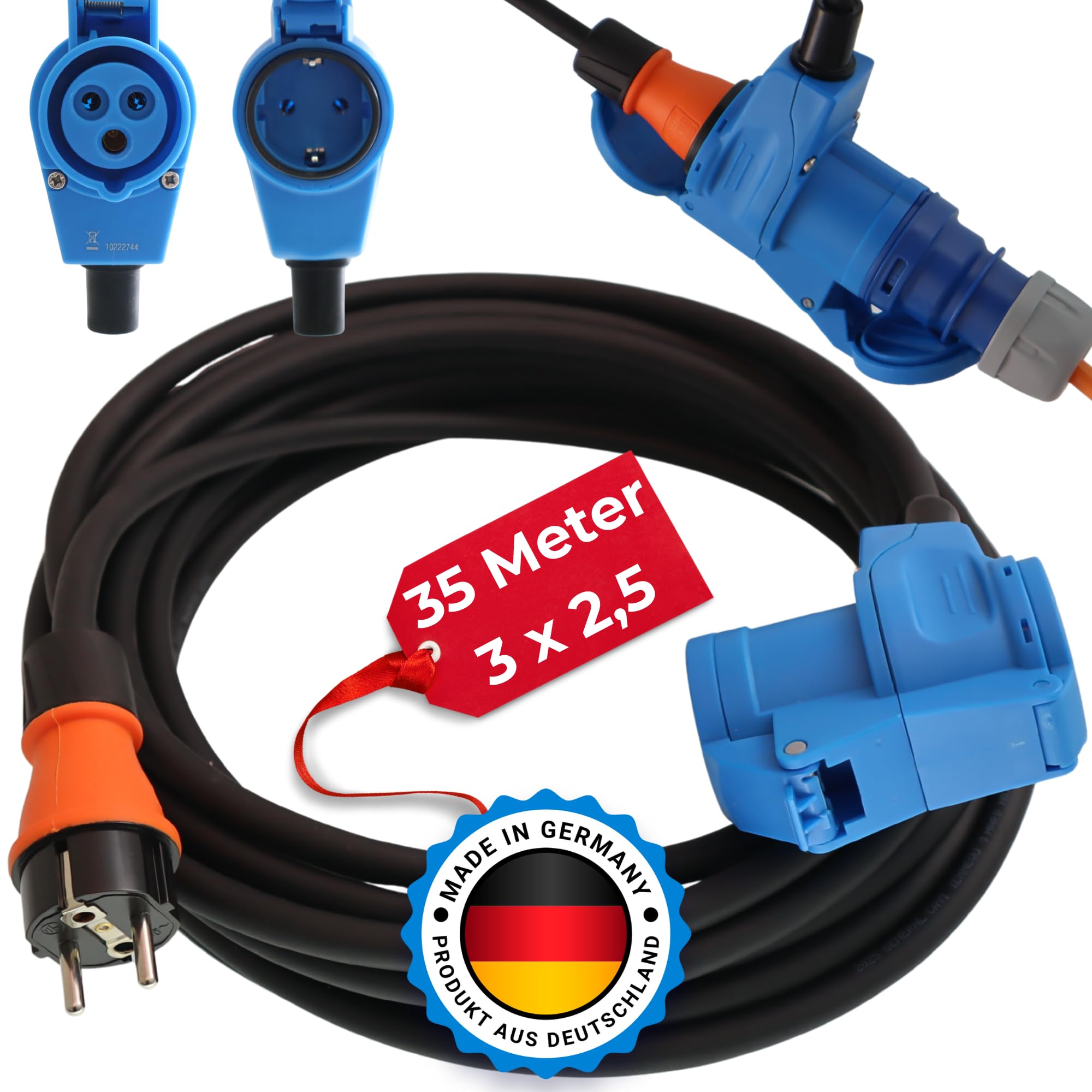 Camping Adapter 35m Mit CEE Winkelkupplung Und Integrierter Schuko Steckdose H07RN-F 3x2,5 Verlängerungskabel Strom Kabel Wohnmobil Wohnwagen Caravan Landstromanschluss