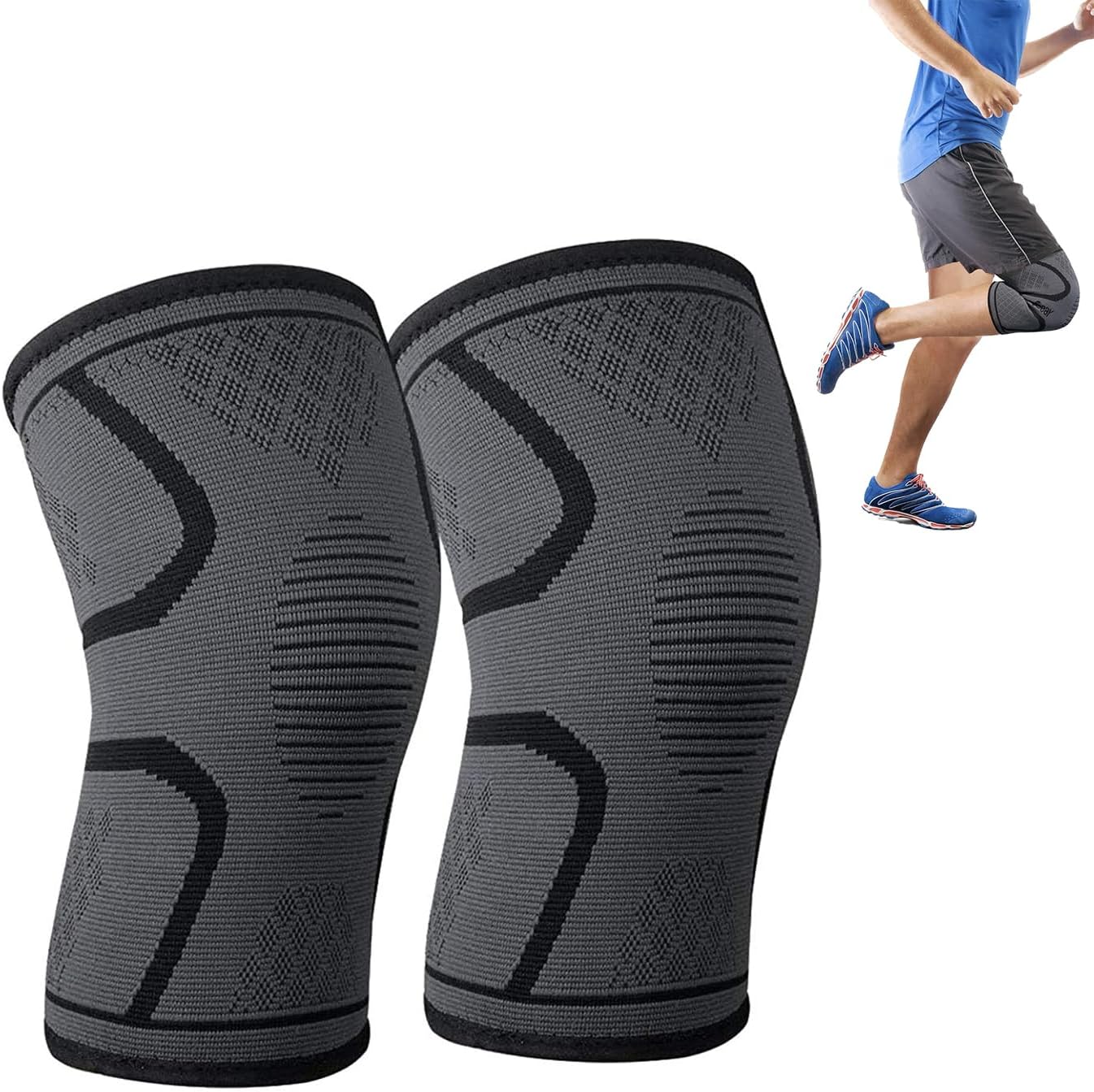 Leg Compression Sleeve Full Leg 2 Pack Short Knee Brace for Men Women Knee Support Protector for Running,Weightlifting, Workout and other Sport-3Sizes(M, Black)