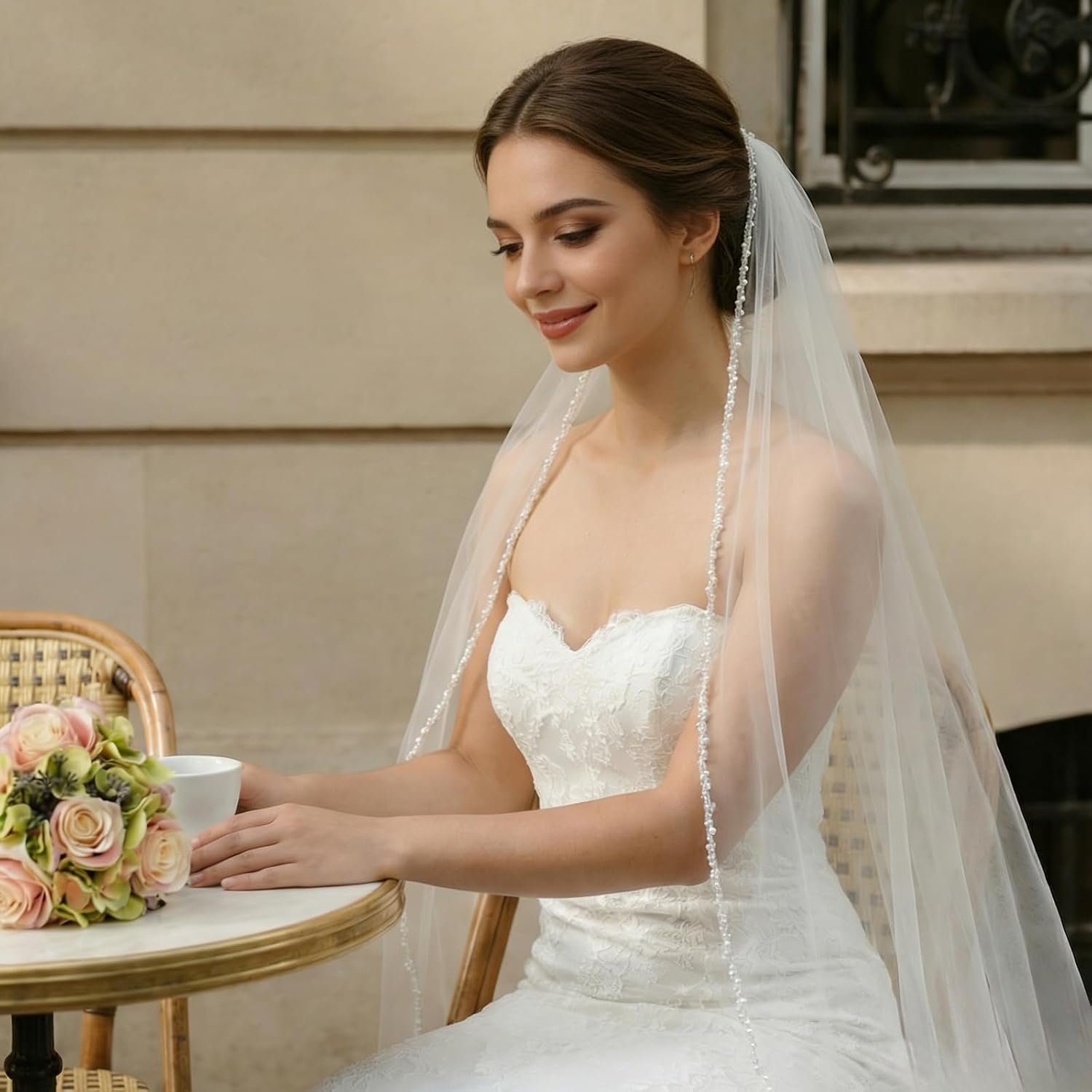 Bridal Cathedral Veil Crystal Beaded Edge Single Tier Wedding Accessory