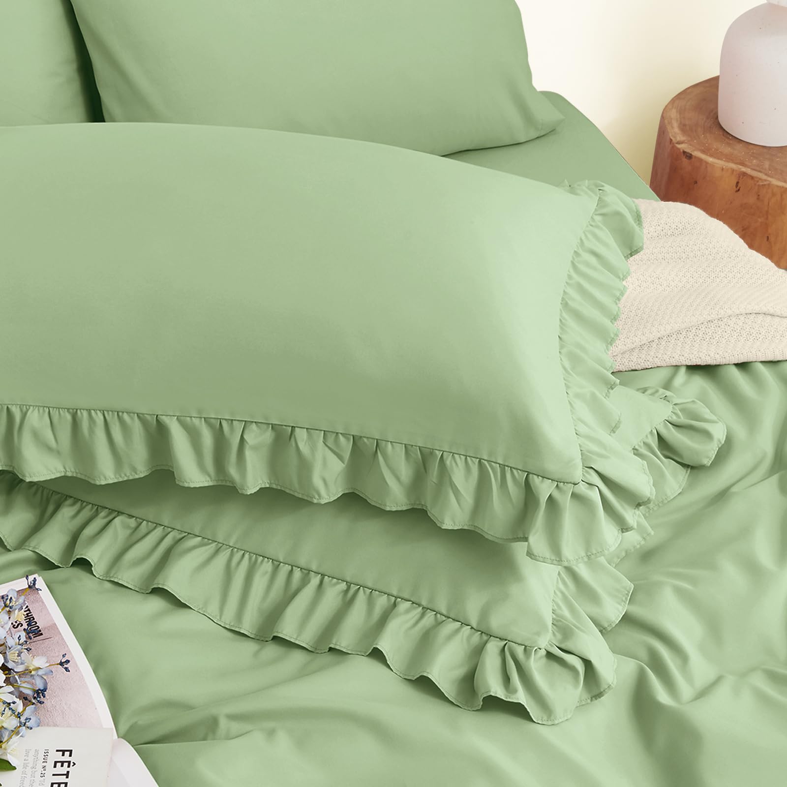 Horbaunal 2 Pack Light Green Ruffle Pillowcases Queen Size, 20" x 30" Ruffle Pillow Covers Ultra Soft Microfiber Ruffled Fringe Pillow Shams, Shabby Chic Pillow Cases โ image 1