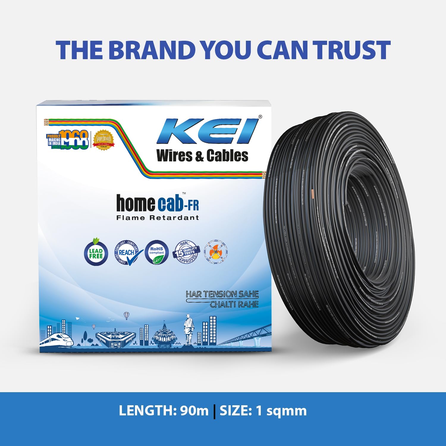 KEI WIRES & CABLES Homecab 1 sqmm 1 Core 99.97% Pure Copper Conductor Flame Retardant House Wire PVC Insulated Cable for Domestic & Industrial Electrical Wiring (Black, 90 Meters) 4