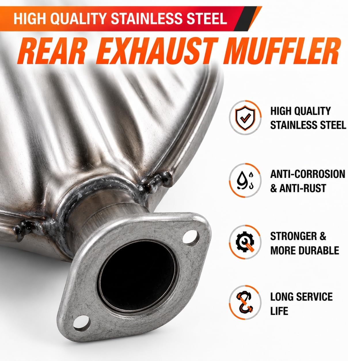 Ratzdala HS08 100% Match OEM, Stainless Steel Direct Fit Rear Exhaust Muffler Fit For 2011-2014 Hyundai Sonata 2.0L / 2.4L Left Muffler Dual Outlets (No FHEV), New Replacement With Accessories 53893