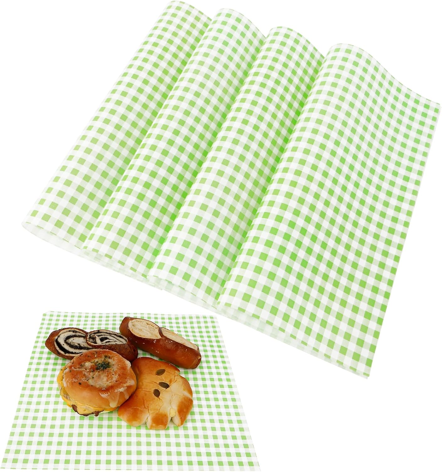 100 Pcs Waxed Paper Sheets 12 x 12 Inch Pastel Deli Paper Wraps Grease Resistant Food Basket Liners Checkered Square Sandwich Wraps for Burgers Bread Restaurant Barbecue Picnic (Green)