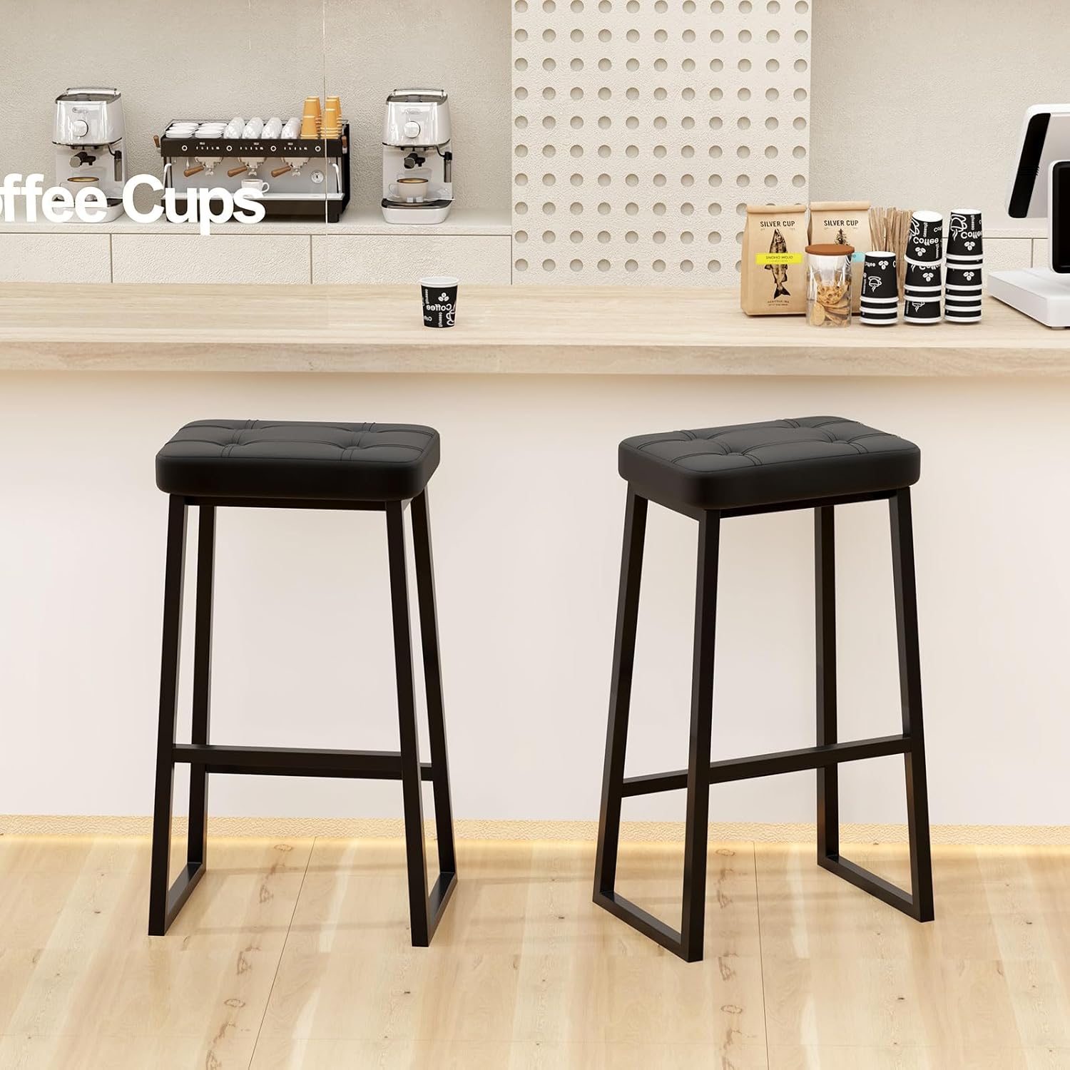 Bar Stool，30 Inch Counter Height Bar Stools，Modern Leather Barstools with Metal Leg，Counter Seat with Footrests, Bar Chairs for Kitchen Island/Dining Room in Black