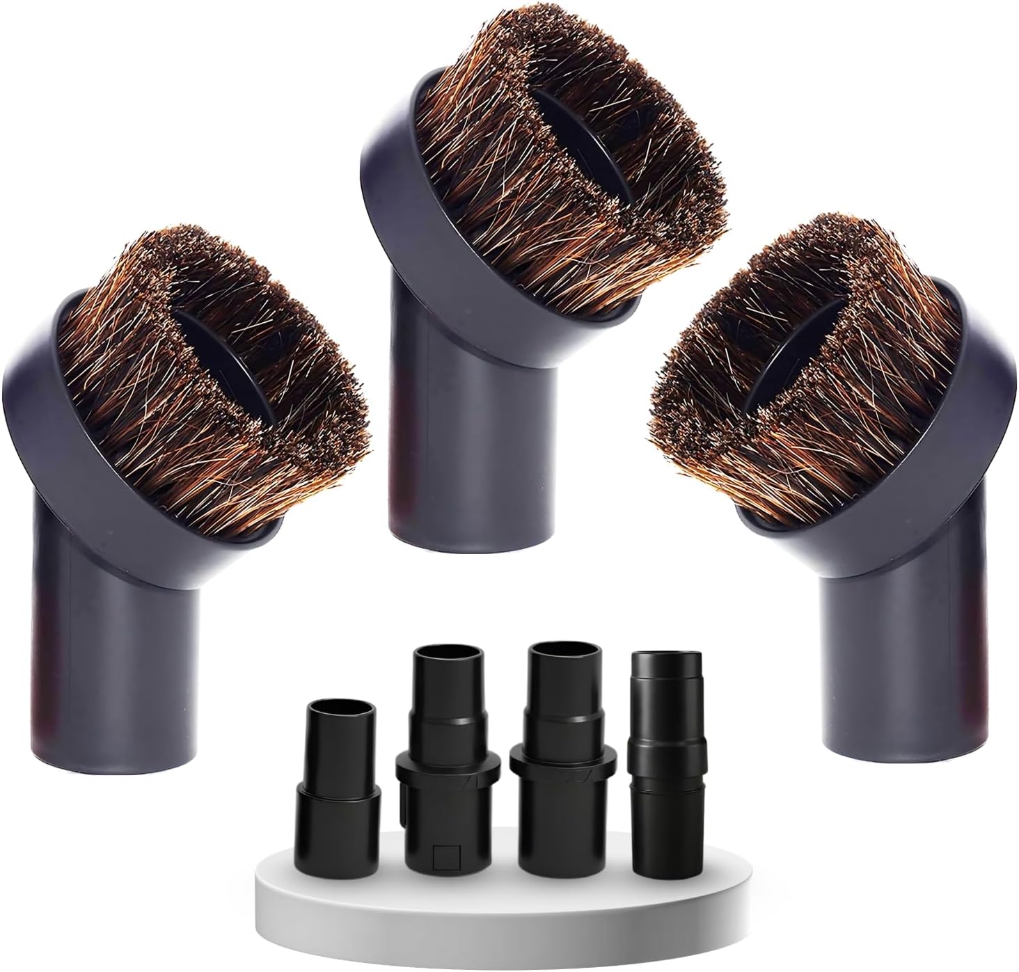 3 PACK 1-1/4 Inch Round HorseHair Vacuum Dust Brush Attachment with Soft Bristle plus 1 3/8 Inch to 1 1/4 Inch Vacuum Hose Adapter | 32MM Vacuum Cleaner Accessories and 35MM to 32MM Converter