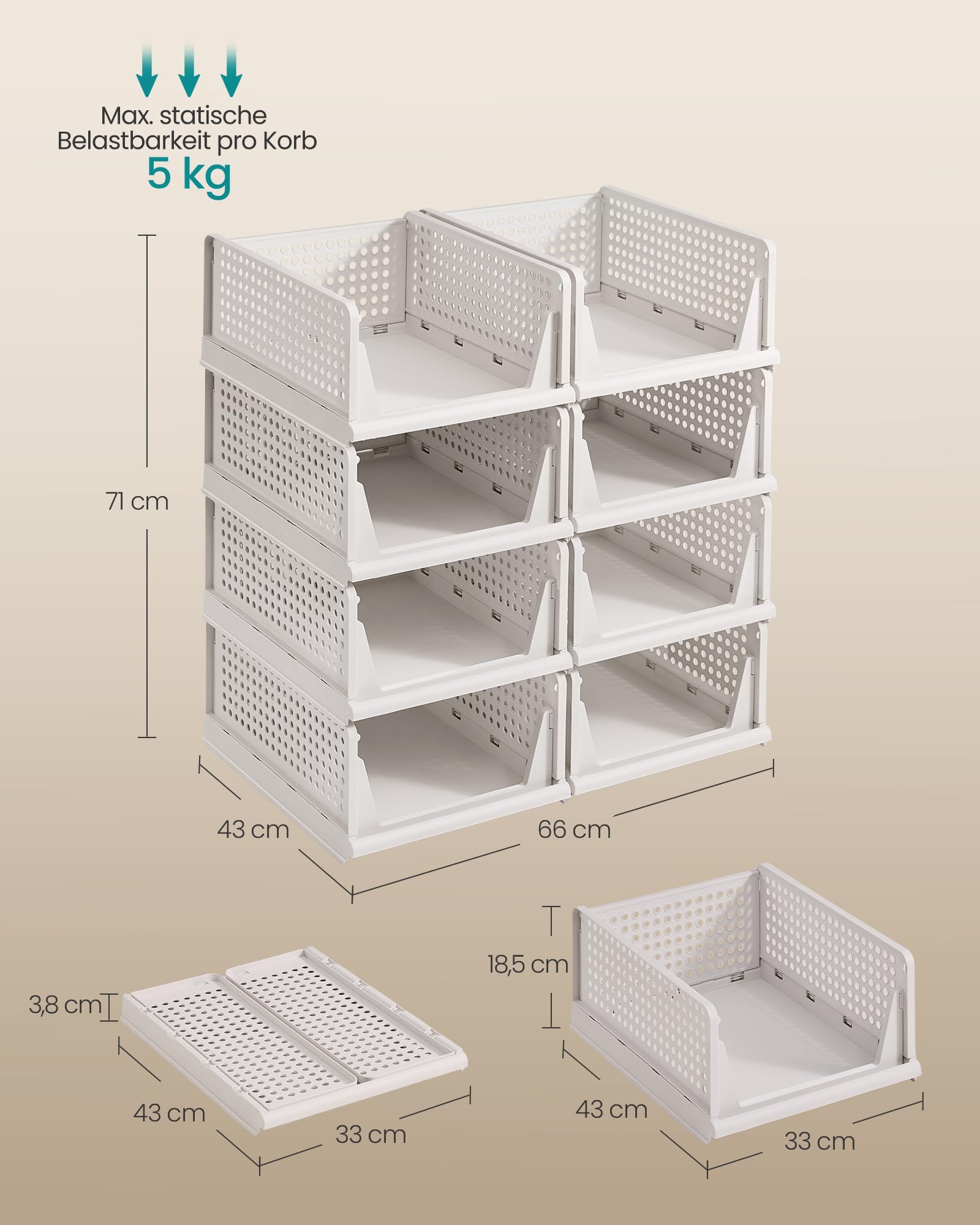 SONGMICS Schrank-Organizer 8er Set, klappbar, stapelbar, ausziehbarer Korb | Kleiderschrank-Organizer, Kunststoff, Aufbewahrung und Organisation, weiß, DENNYS Kollektion LPC800WZ01