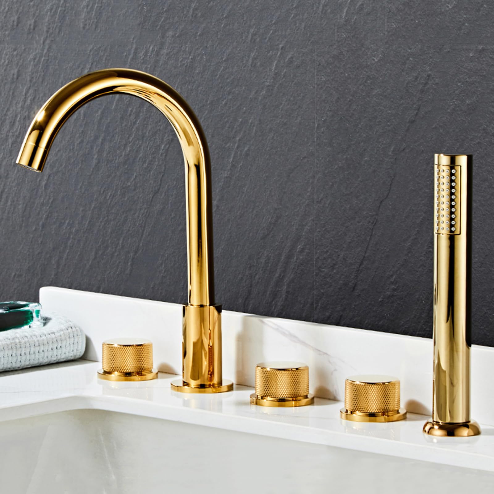 BHGFYXBS 5 Hole Bath Tap Set Gold Bath Mixer Taps With Shower With Diverter 360 Rotating Spout Gooseneck Tap-A,Gold