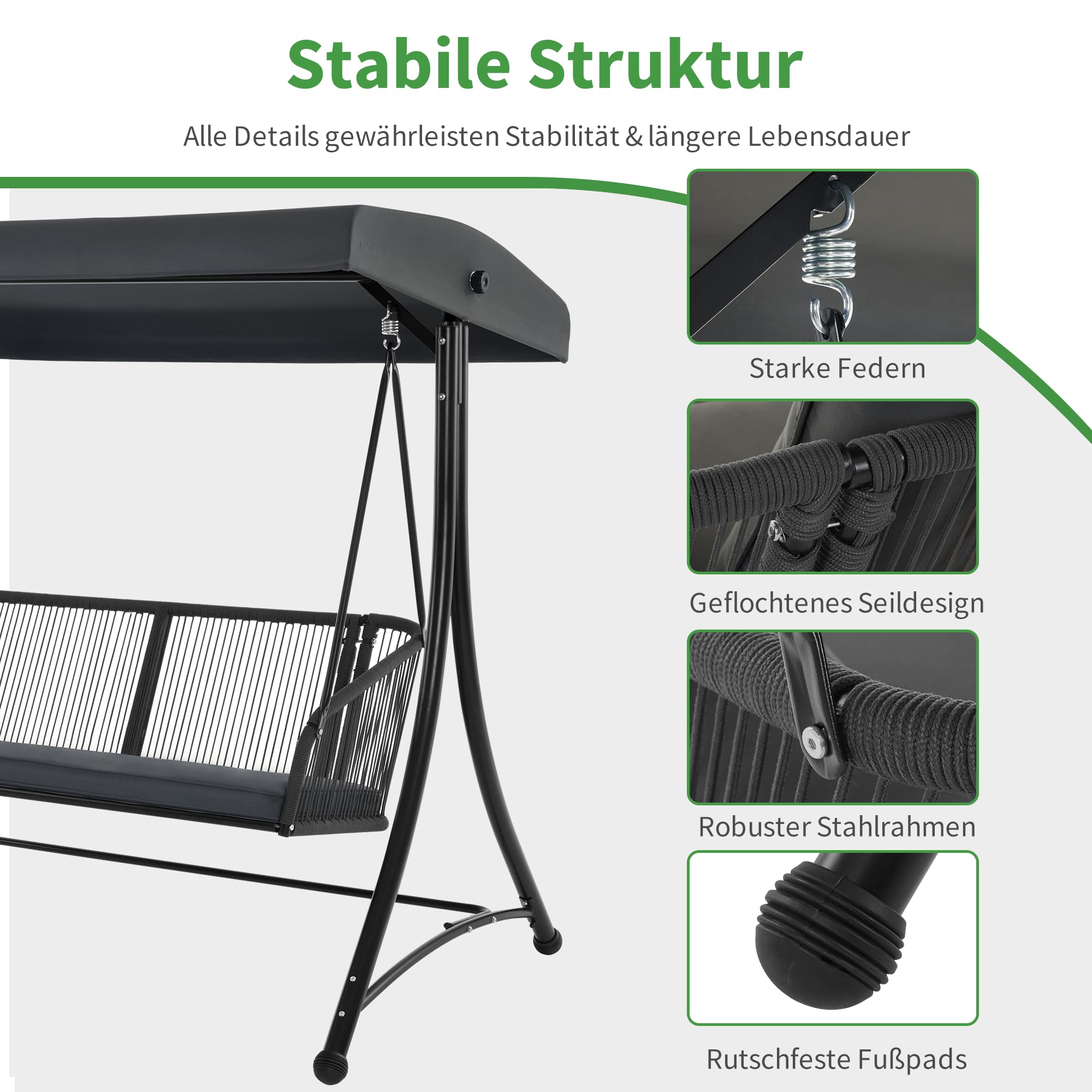 M MCombo Hollywoodschaukel 3-Sitzer, Gartenschaukel mit Verstellbarem Sonnendach, Schaukelbank Outdoor, Gartenliege Wetterfest, Sitzbezug Abwaschbar 8026DEY (Dunkgelgrau)